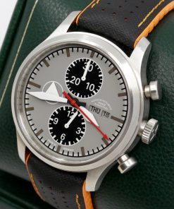 Alternative view of Muhle Glashutte Terranaut 1 in Stainless Steel,  Matt Gray dial with Black subdials, Orange & Black Strap with Tang buckle.  Ref: M1.37.05.LB,  Ca. 2013  Box, book and Warranty card
