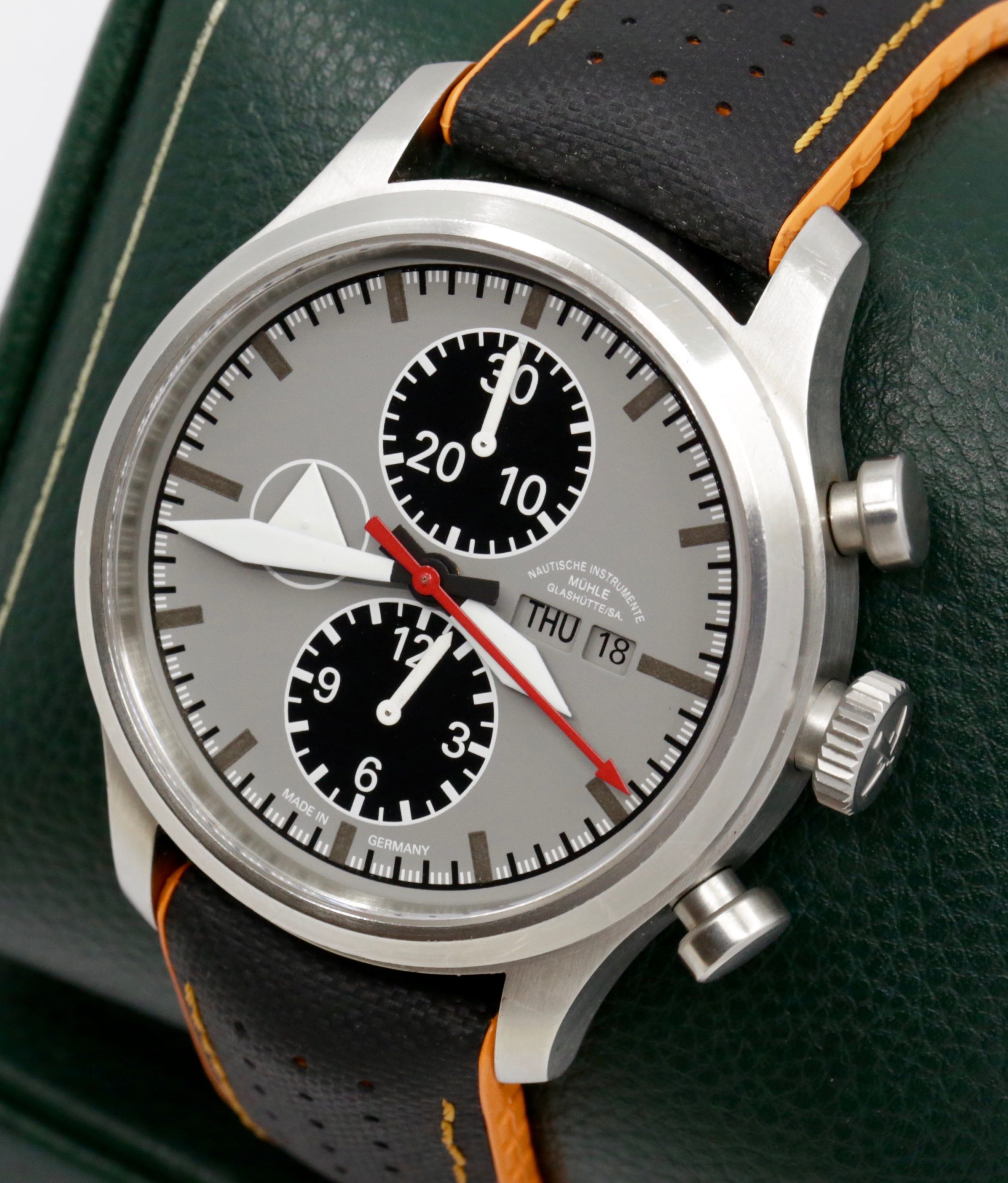 Muhle Glashutte Terranaut 1 in Stainless Steel, Matt Gray dial with Black subdials, Orange & Black Strap with Tang buckle. Ref: M1.37.05.LB, Ca. 2013 Box, book and Warranty card - Image 2
