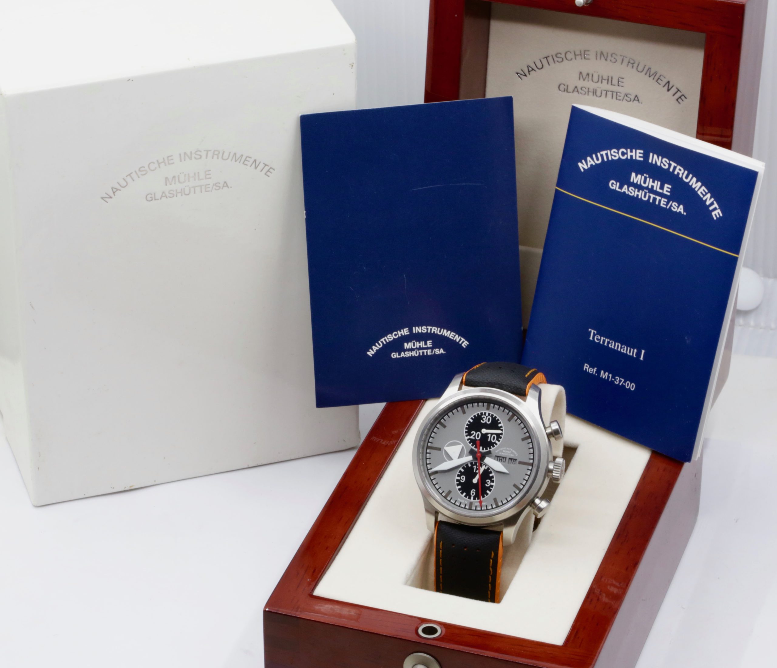 Muhle Glashutte Terranaut 1 in Stainless Steel, Matt Gray dial with Black subdials, Orange & Black Strap with Tang buckle. Ref: M1.37.05.LB, Ca. 2013 Box, book and Warranty card - Image 6