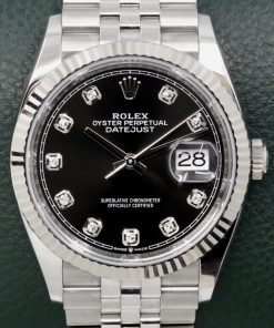 Rolex Datejust 36, Stainless Steel, 18ct White Gold Fluted Bezel, Factory Set Black Diamond Dial, on Stainless Steel Rolex Jubilee Bracelet, Ref. 126234, with Rolex Box