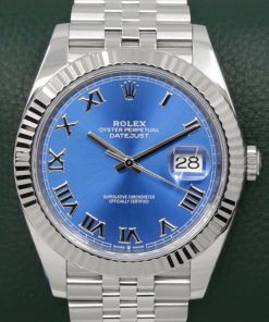 Rolex Datejust 41, Stainless Steel, with a Azzurro Blue Roman Dial, 18ct White Gold Fluted Bezel, on Stainless Steel Rolex Jubilee Bracelet, Ref. 126334, Circa: 2021, Complete with Box, Books, Rolex Warranty Card & Balance of 5 Year Rolex Factory Warranty