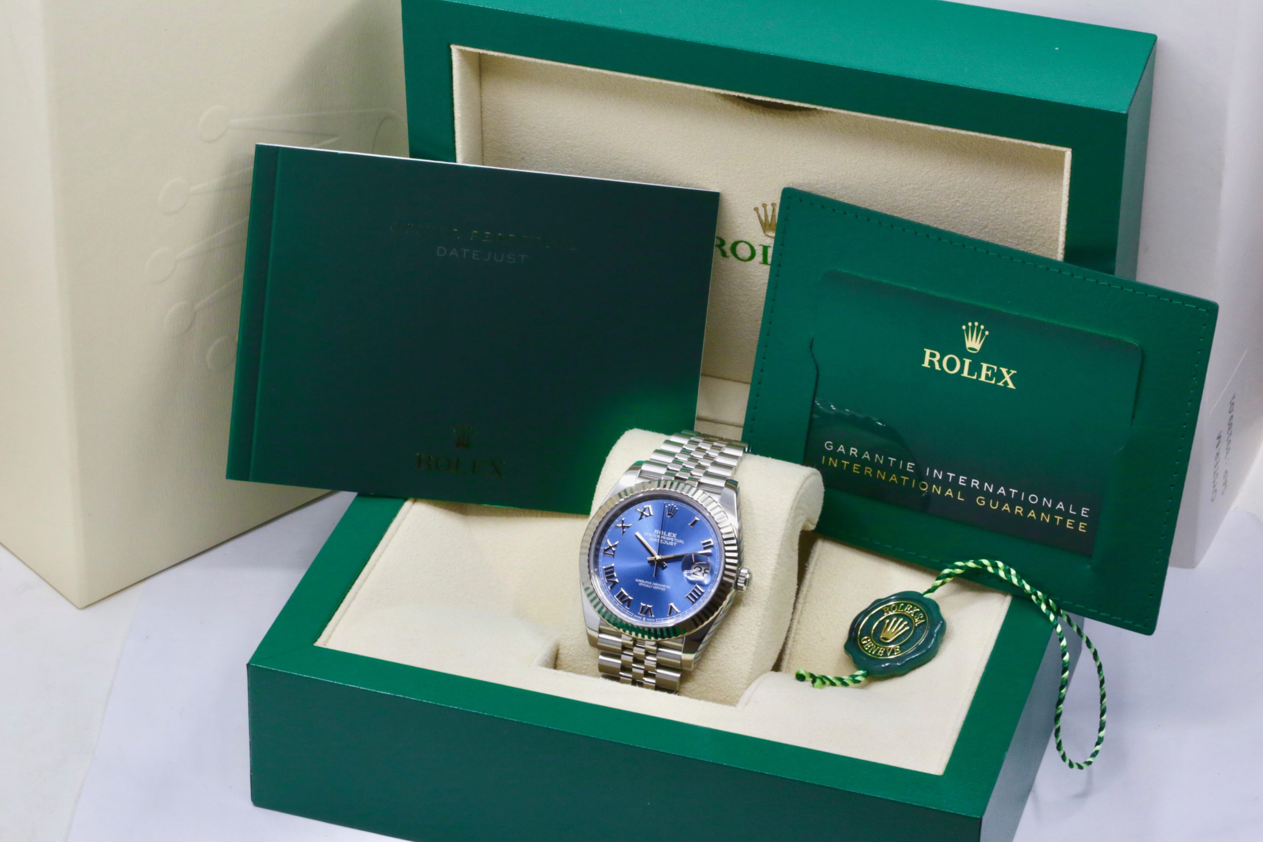Rolex Datejust 41, Stainless Steel, with a Azzurro Blue Roman Dial, 18ct White Gold Fluted Bezel, on Stainless Steel Rolex Jubilee Bracelet, Ref. 126334, Circa: 2021, Complete with Box, Books, Rolex Warranty Card & Balance of 5 Year Rolex Factory Warranty - Image 7