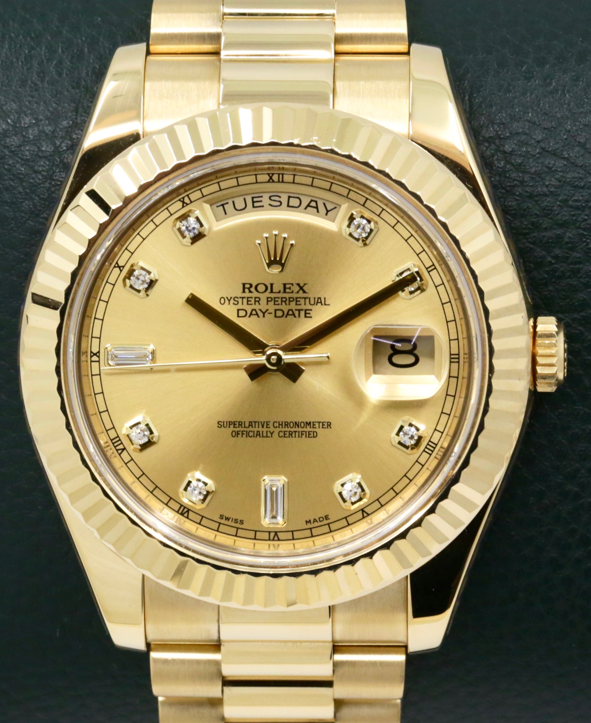 Rolex Oyster Perpetual Day-Date II, 41mm, in 18ct Yellow Gold, Factory Set Champagne Diamond Dial, on 18ct Yellow Gold Rolex President Bracelet, Ref. 218238, Circa: 2014, with Box & Papers.