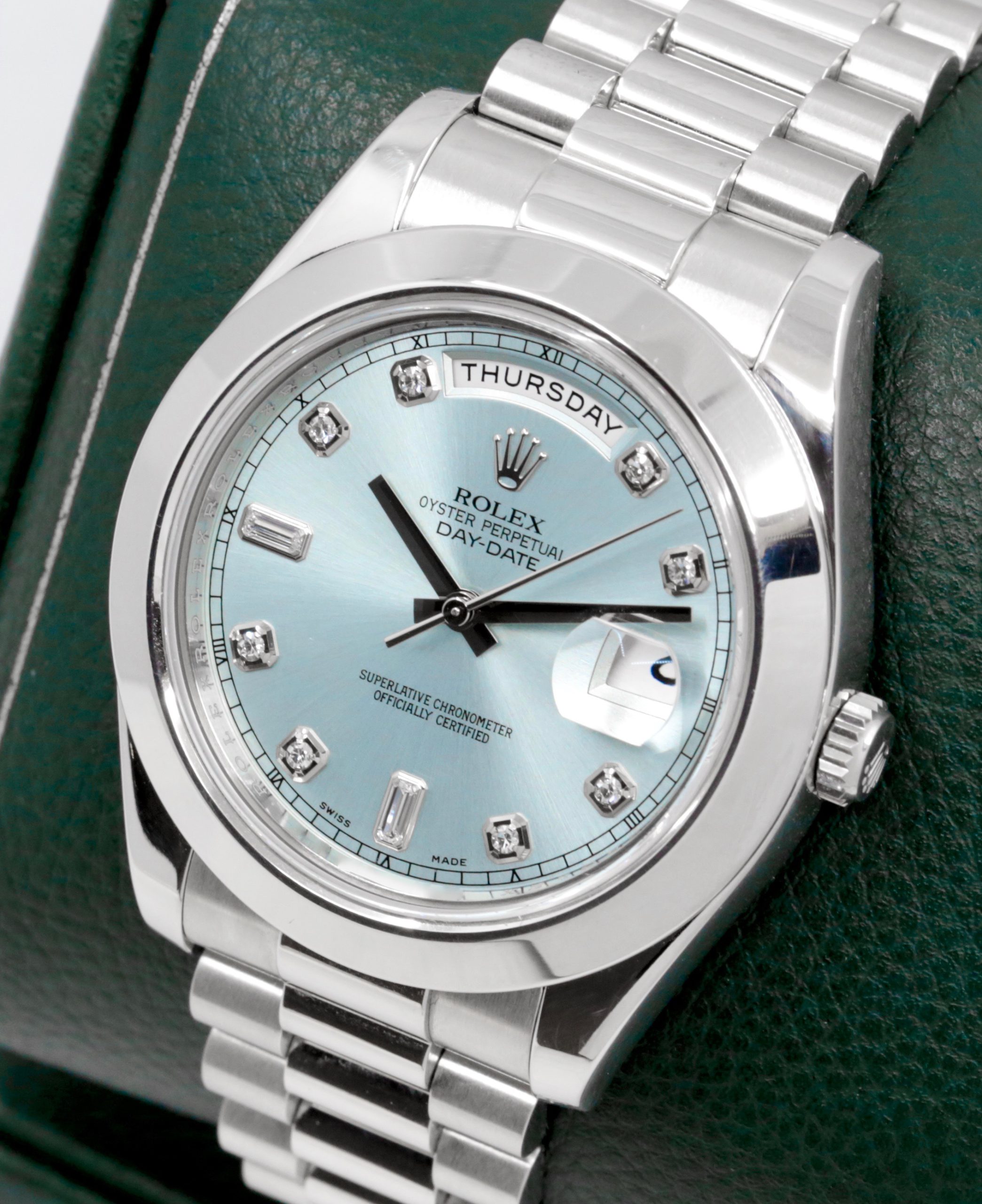 Rolex Oyster Perpetual Day-Date II, in Platinum, Factory Set Diamond Ice Blue Dial, on Platinum Rolex President Bracelet, Ref. 218206, Circa: 2010, with Box, Books, Swing Tag, Rolex Warranty Card & Rolex Service Card - Image 2