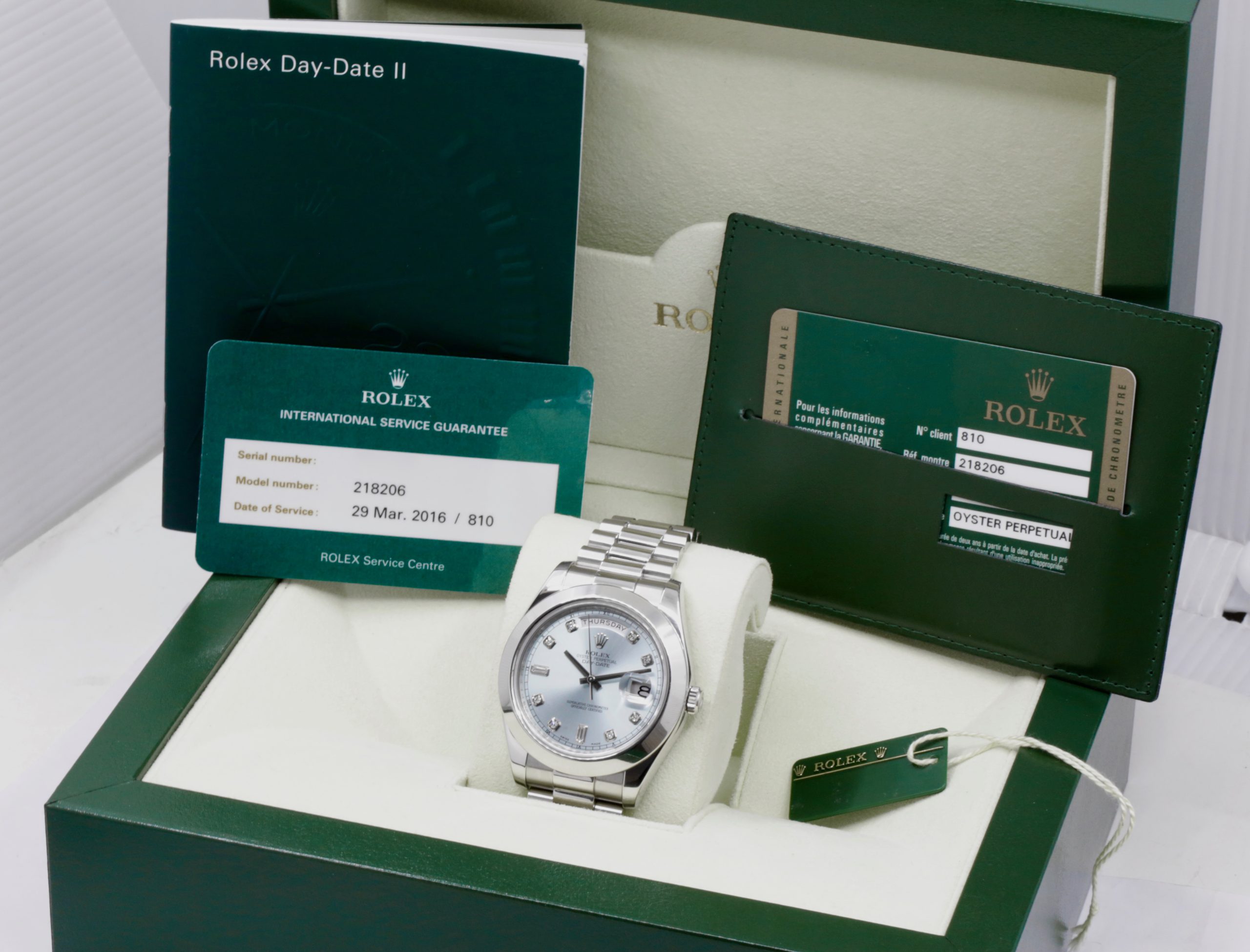 Rolex Oyster Perpetual Day-Date II, in Platinum, Factory Set Diamond Ice Blue Dial, on Platinum Rolex President Bracelet, Ref. 218206, Circa: 2010, with Box, Books, Swing Tag, Rolex Warranty Card & Rolex Service Card - Image 7