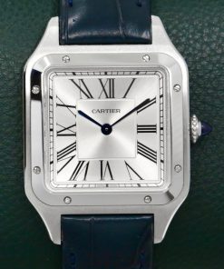 Cartier Santos-Dumont Watch, Large Model, Stainless Steel, Silver Roman Dial with Blue Steel Sword Shaped Hands, on Blue Alligator Cartier Strap with Stainless Steel Cartier Tang Buckle, Ref. WSSA0022, Circa: 2022, with Box & Papers