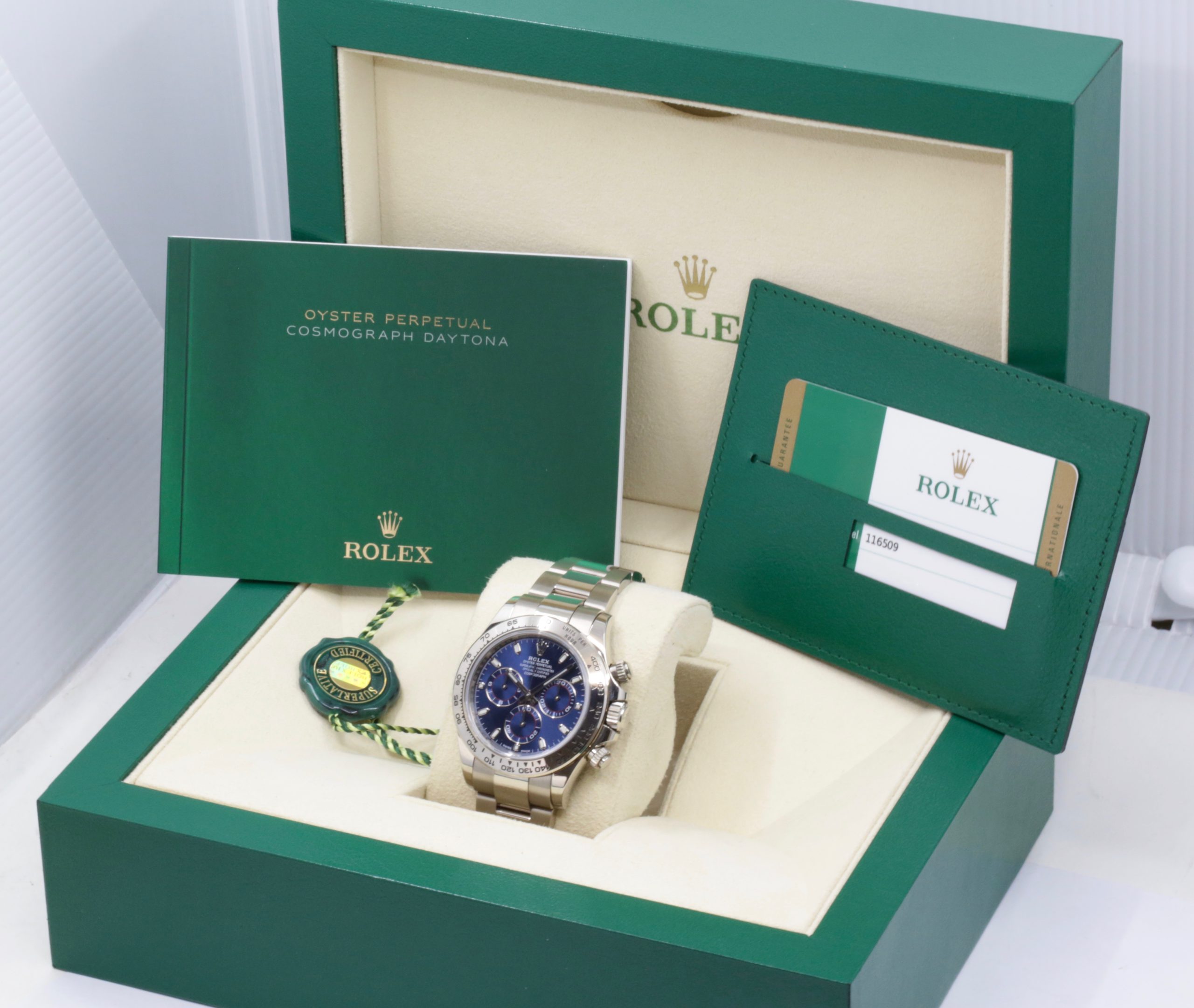 Rolex Cosmograph Daytona, in 18ct White Gold, Blue Index Dial on 18ct White Gold Rolex Oyster Bracelet, Ref. 116509, Circa: 2018, with Box, Books & Rolex Warranty Card - Image 7