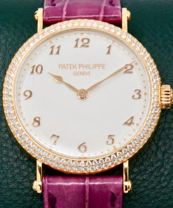 Patek Philippe Calatrava, in 18ct Rose Gold, Factory Set with 168 Diamonds 1.319ct, Silver Grained Dial, Breguet numerals, on a Purple Patek Philippe Alligator Strap with 18ct Rose Gold Patek Philippe Gem Set Tang Buckle, Ref. 7200/200R,  Box, Books & Patek Philippe Certificate, Ca. 2018