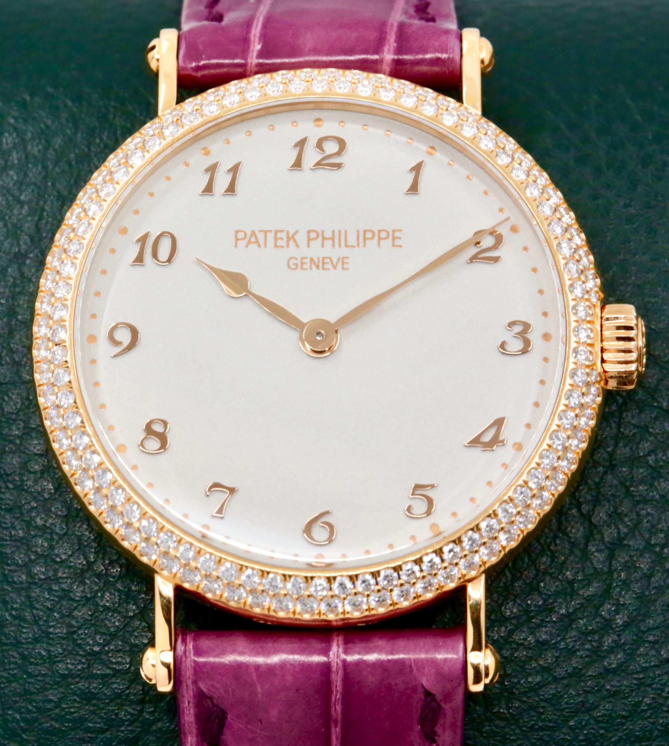 Patek Philippe Calatrava, in 18ct Rose Gold, Factory Set with 168 Diamonds 1.319ct, Silver Grained Dial, Breguet numerals, on a Purple Patek Philippe Alligator Strap with 18ct Rose Gold Patek Philippe Gem Set Tang Buckle, Ref. 7200/200R, Box, Books & Patek Philippe Certificate, Ca. 2018
