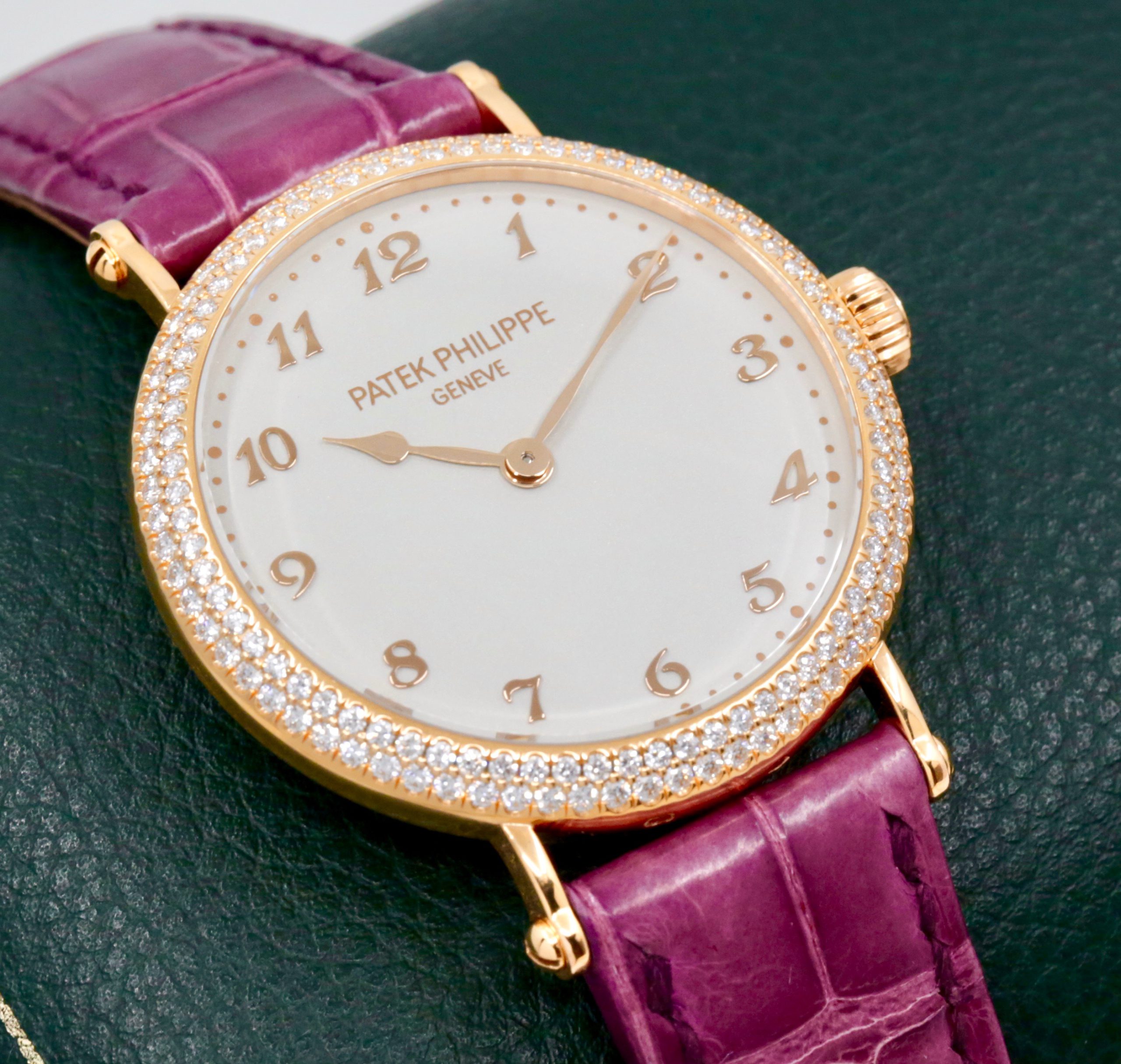 Patek Philippe Calatrava, in 18ct Rose Gold, Factory Set with 168 Diamonds 1.319ct, Silver Grained Dial, Breguet numerals, on a Purple Patek Philippe Alligator Strap with 18ct Rose Gold Patek Philippe Gem Set Tang Buckle, Ref. 7200/200R, Box, Books & Patek Philippe Certificate, Ca. 2018 - Image 2