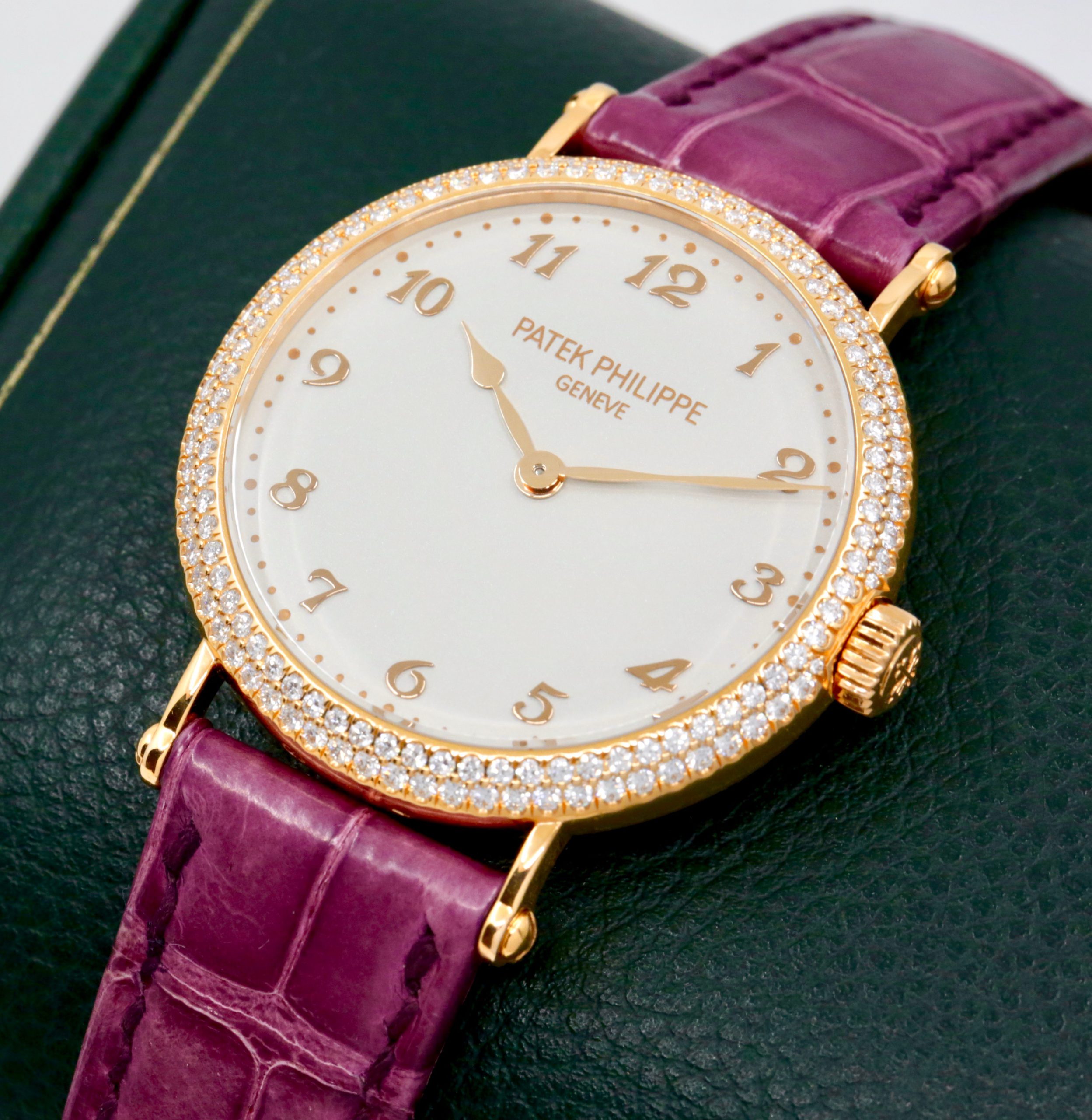 Patek Philippe Calatrava, in 18ct Rose Gold, Factory Set with 168 Diamonds 1.319ct, Silver Grained Dial, Breguet numerals, on a Purple Patek Philippe Alligator Strap with 18ct Rose Gold Patek Philippe Gem Set Tang Buckle, Ref. 7200/200R, Box, Books & Patek Philippe Certificate, Ca. 2018 - Image 3