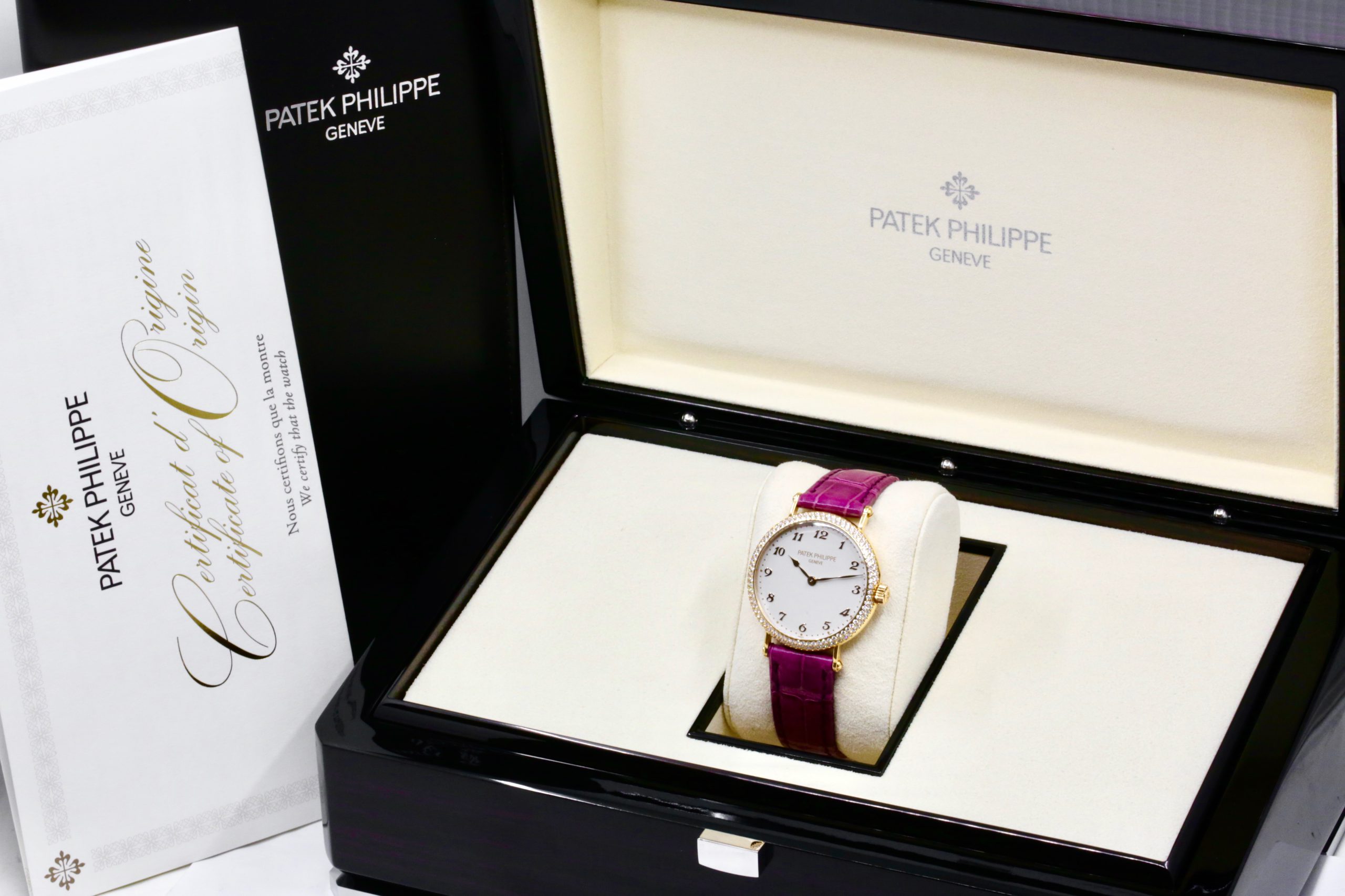 Patek Philippe Calatrava, in 18ct Rose Gold, Factory Set with 168 Diamonds 1.319ct, Silver Grained Dial, Breguet numerals, on a Purple Patek Philippe Alligator Strap with 18ct Rose Gold Patek Philippe Gem Set Tang Buckle, Ref. 7200/200R, Box, Books & Patek Philippe Certificate, Ca. 2018 - Image 8