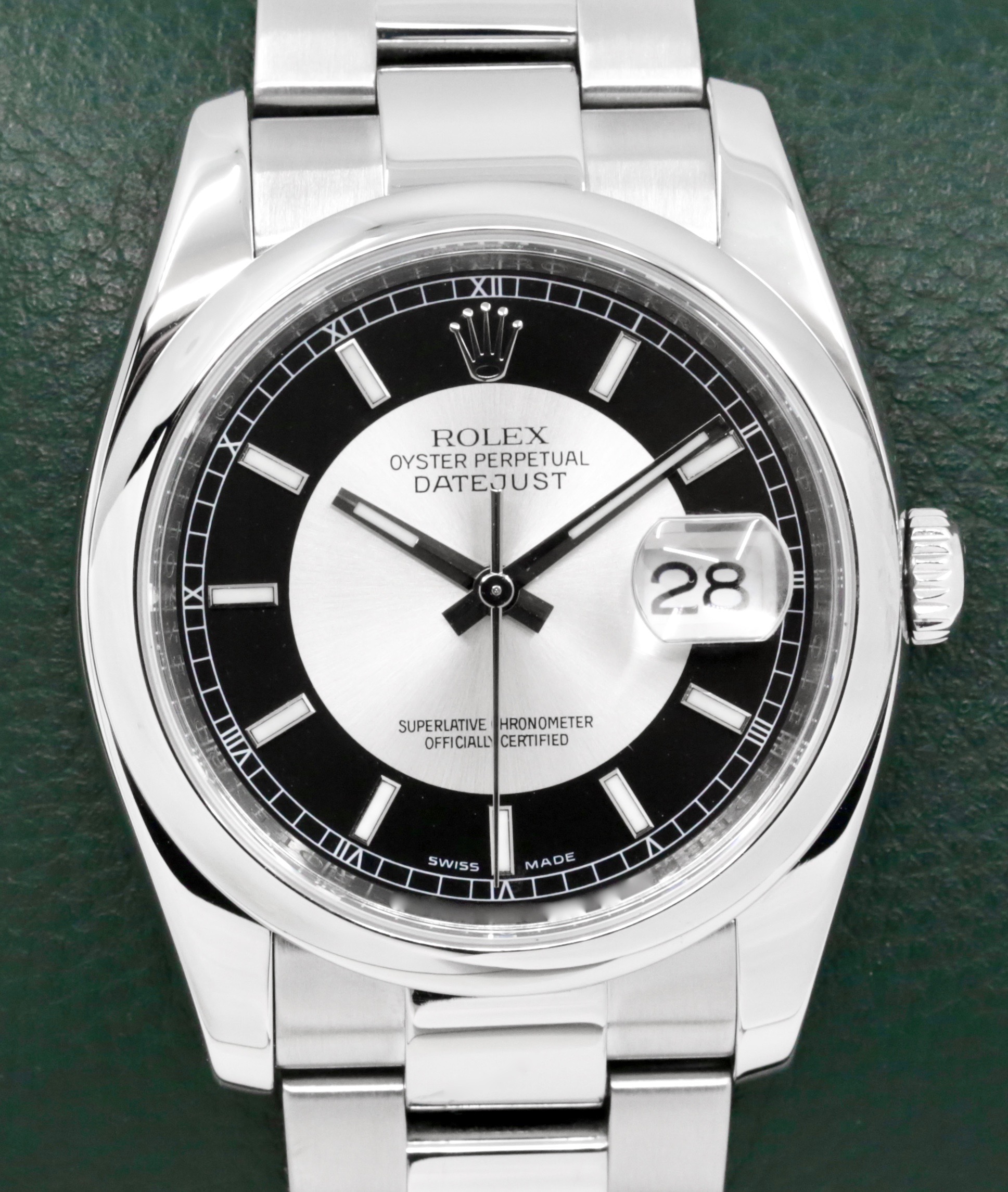 Rolex Oyster Perpetual Datejust 36, Stainless Steel, "Tuxedo" Black & Silver Index Dial, Smooth Bezel, on Stainless Steel Rolex Oyster Bracelet, Ref. 116200, Circa: 2009