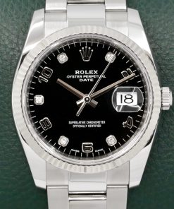 Rolex Oyster Perpetual Date, Stainless Steel, 18ct White Gold Fluted Bezel, Factory Set Diamond Dial, on Stainless Steel Rolex Oyster Bracelet, Ref. 115234, Circa: 2018, with Box, Books, Swing Tag, and Rolex Warranty Card