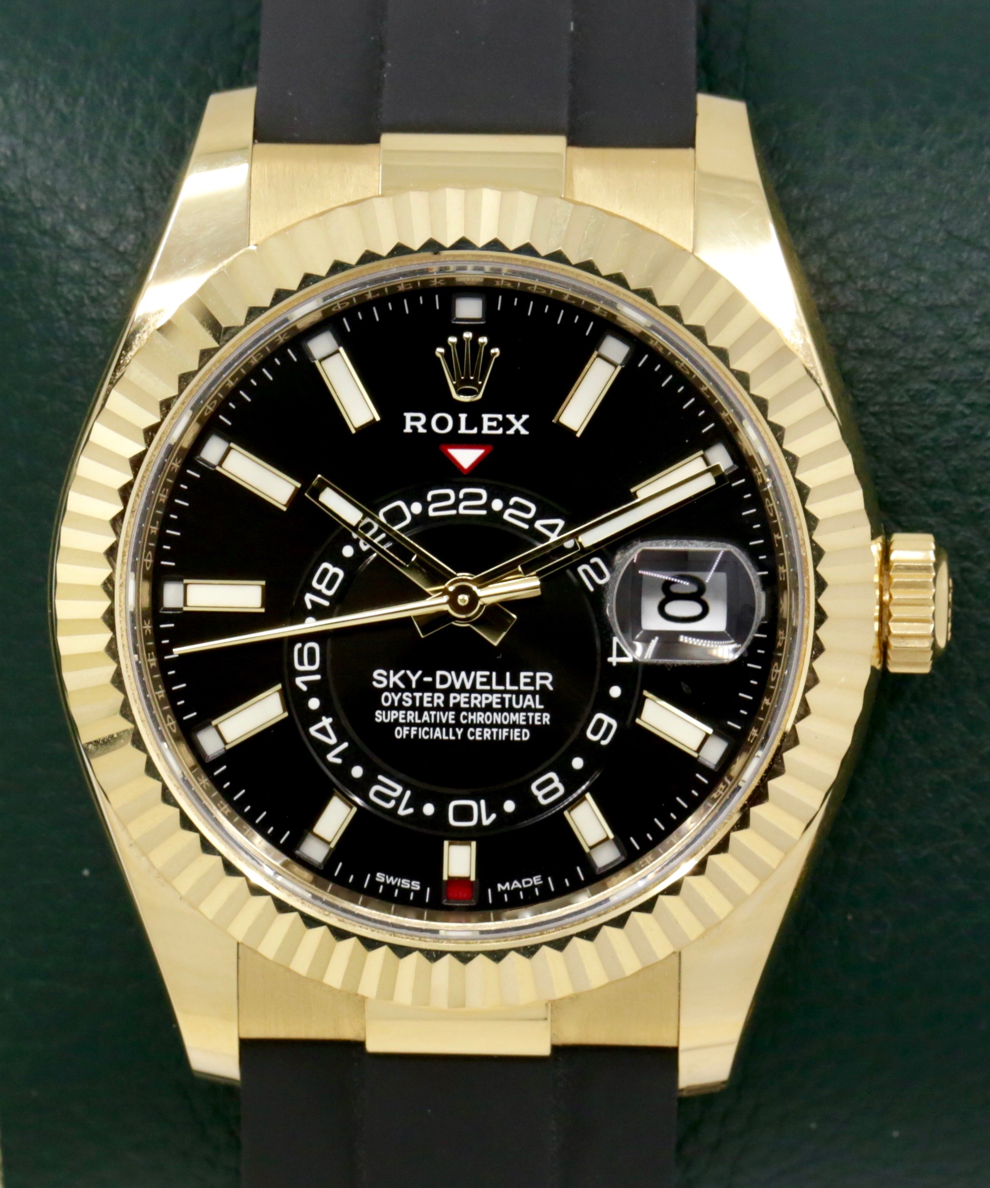 Rolex Sky-Dweller, in 18ct Yellow Gold, Black Index Dial, on Rolex Oysterflex Strap with 18ct Yellow Gold Rolex Deployant, Ref. 326238, Circa: 2022, with Box, Rolex Warranty Card & Balance of 5 Year Rolex Warranty