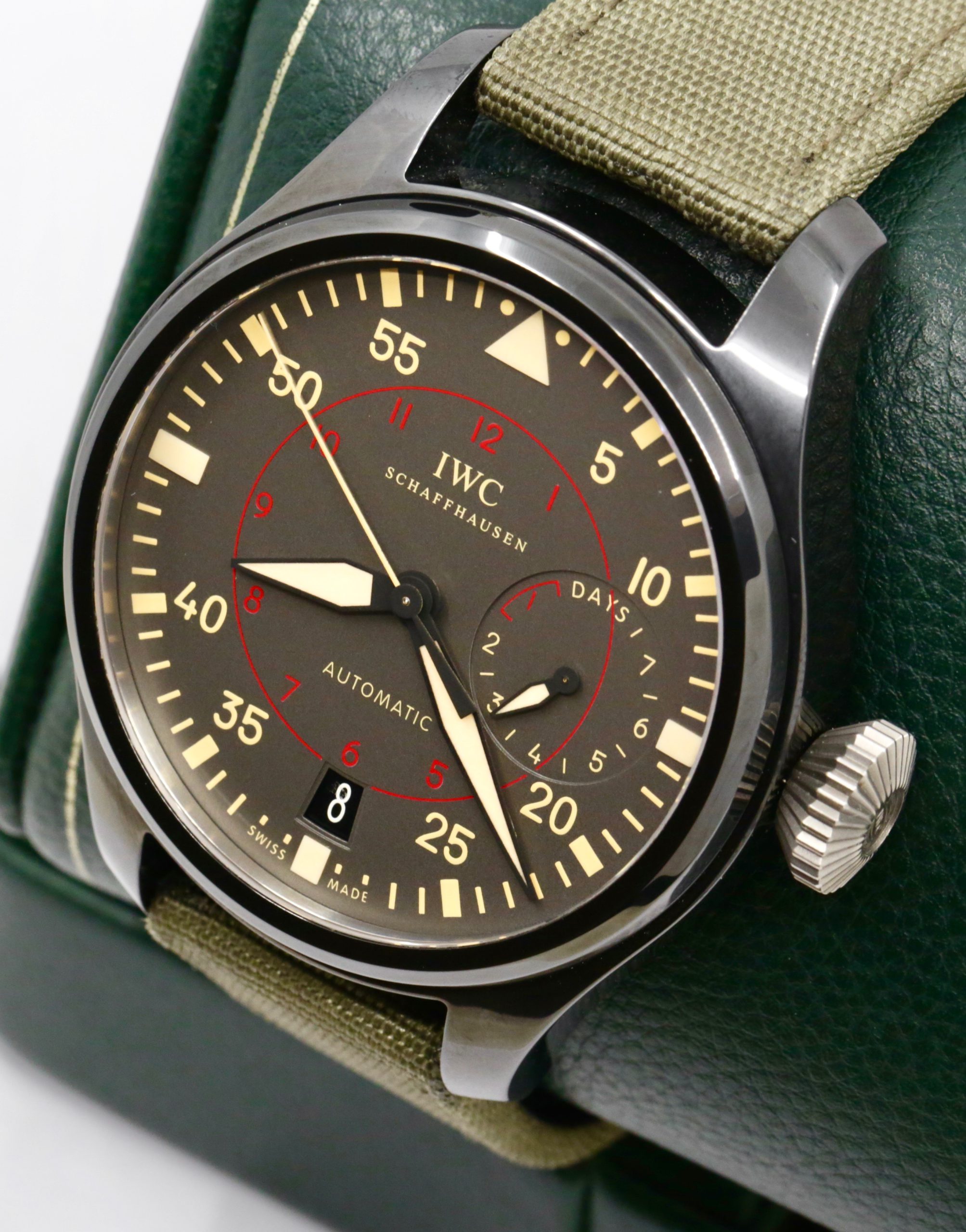 IWC Big Pilot's Top Gun Miramar with Date, Black Ceramic case, Grise Dial with luminescence, Green textile strap with an IWC steel Tang Buckle, Box, Books and IWC Warranty Card, Circa: 2015 - Image 3