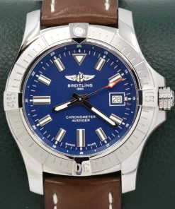 Breitling Avenger Automatic 43, Stainless Steel, Blue Index Dial, on Brown Breitling Leather Strap with Stainless Steel Breitling Tang Buckle, Ref. A17318, with Box, Books, & Breitling Warranty Card