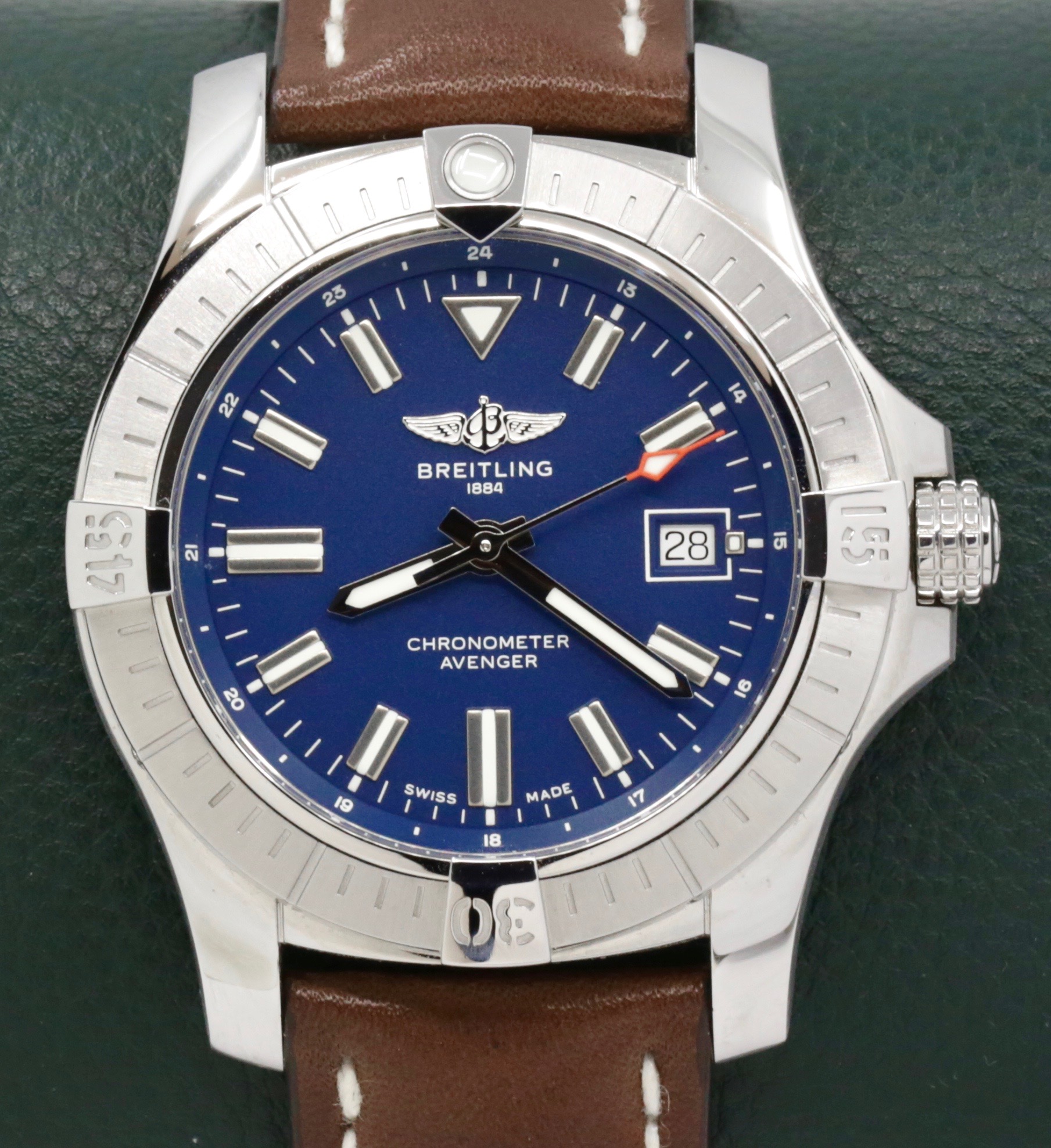 Breitling Avenger Automatic 43, Stainless Steel, Blue Index Dial, on Brown Breitling Leather Strap with Stainless Steel Breitling Tang Buckle, Ref. A17318, with Box, Books, & Breitling Warranty Card