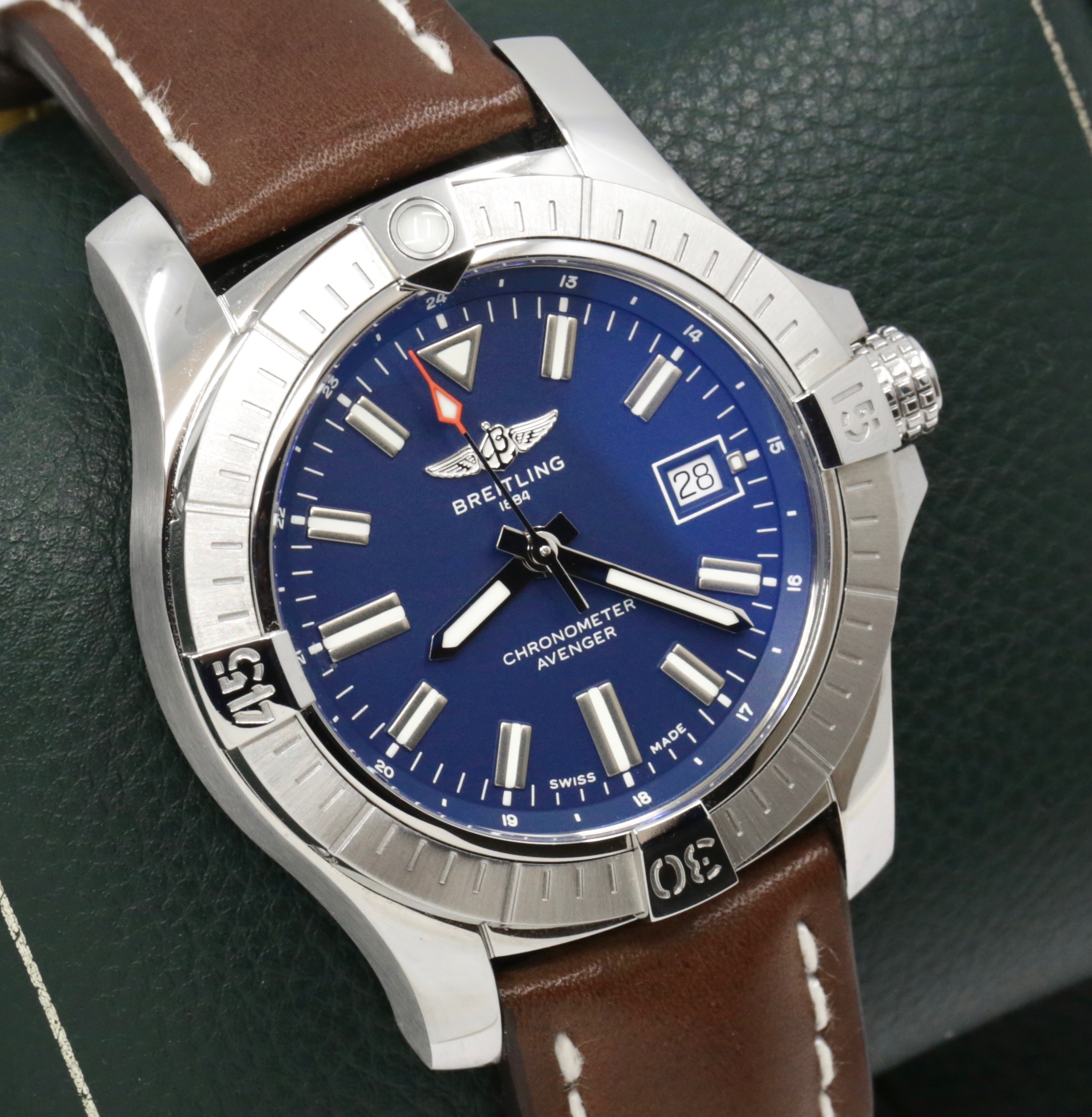 Breitling Avenger Automatic 43, Stainless Steel, Blue Index Dial, on Brown Breitling Leather Strap with Stainless Steel Breitling Tang Buckle, Ref. A17318, with Box, Books, & Breitling Warranty Card - Image 2