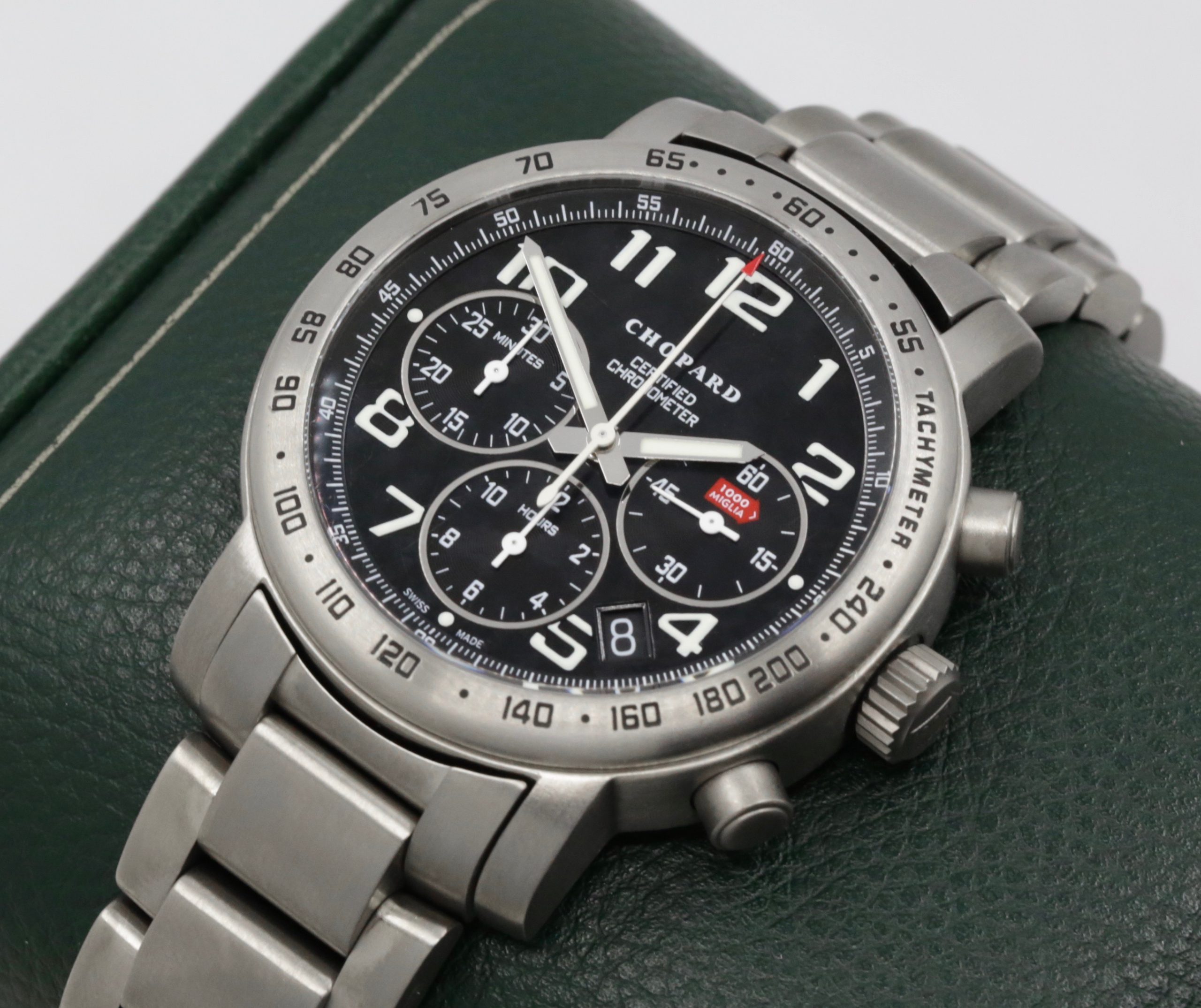 Chopard Mille Miglia Chronograph in Titanium on Titanium Bracelet, Black Arab Dial, Ref 8915, Circa: 2004, With Box books & Warranty Paper - ON SALE $3,300 - Image 2