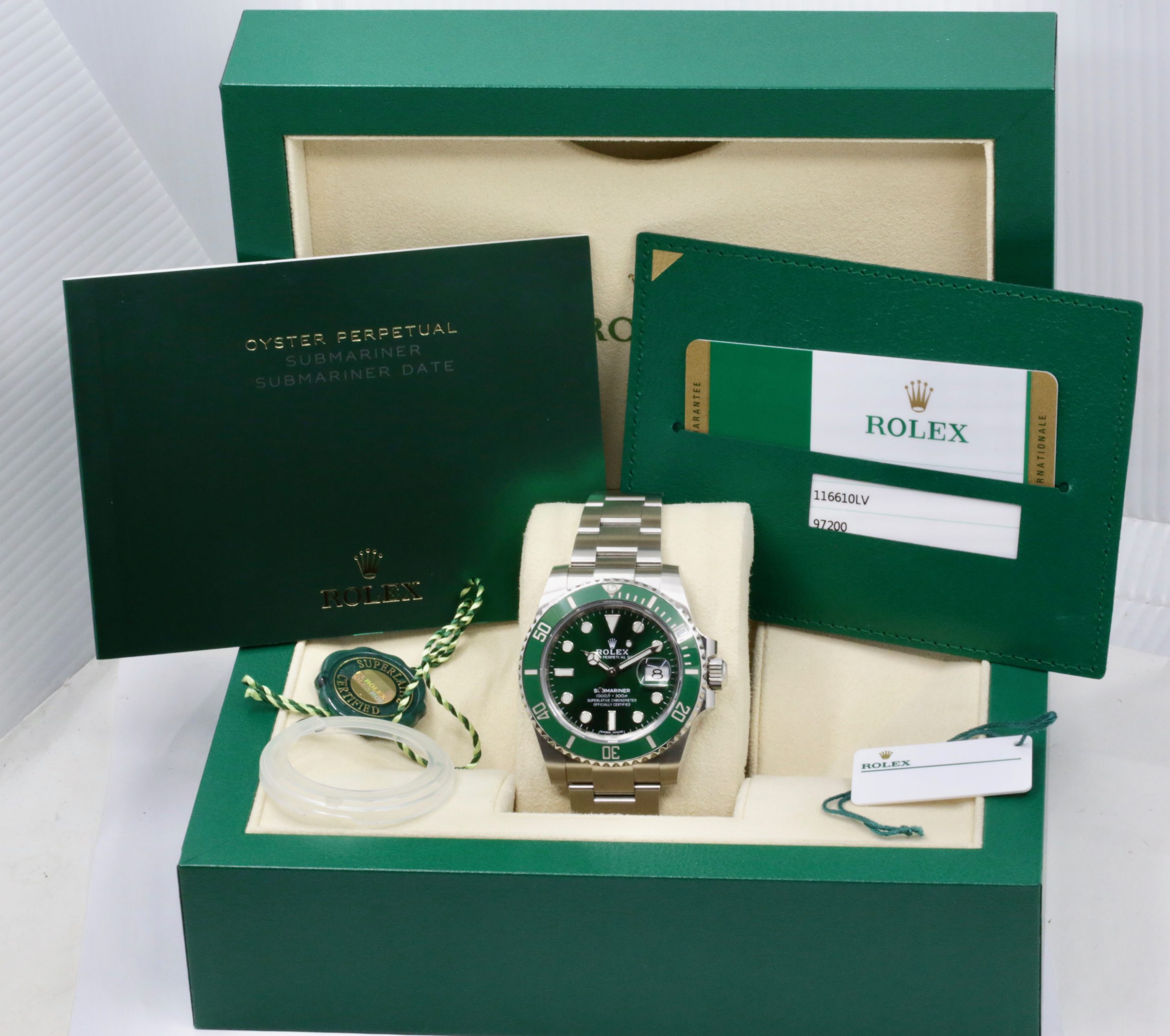 Rolex Submariner Date "HULK", in Stainless Steel, with Green Ceramic Bezel, Green Index Dial, on Stainless Steel Rolex Oyster Bracelet, Ref. 116610LV, Circa: 2019, Complete with Box, Books, Swing Tags & Rolex Warranty Card. - $29,700 - Image 7