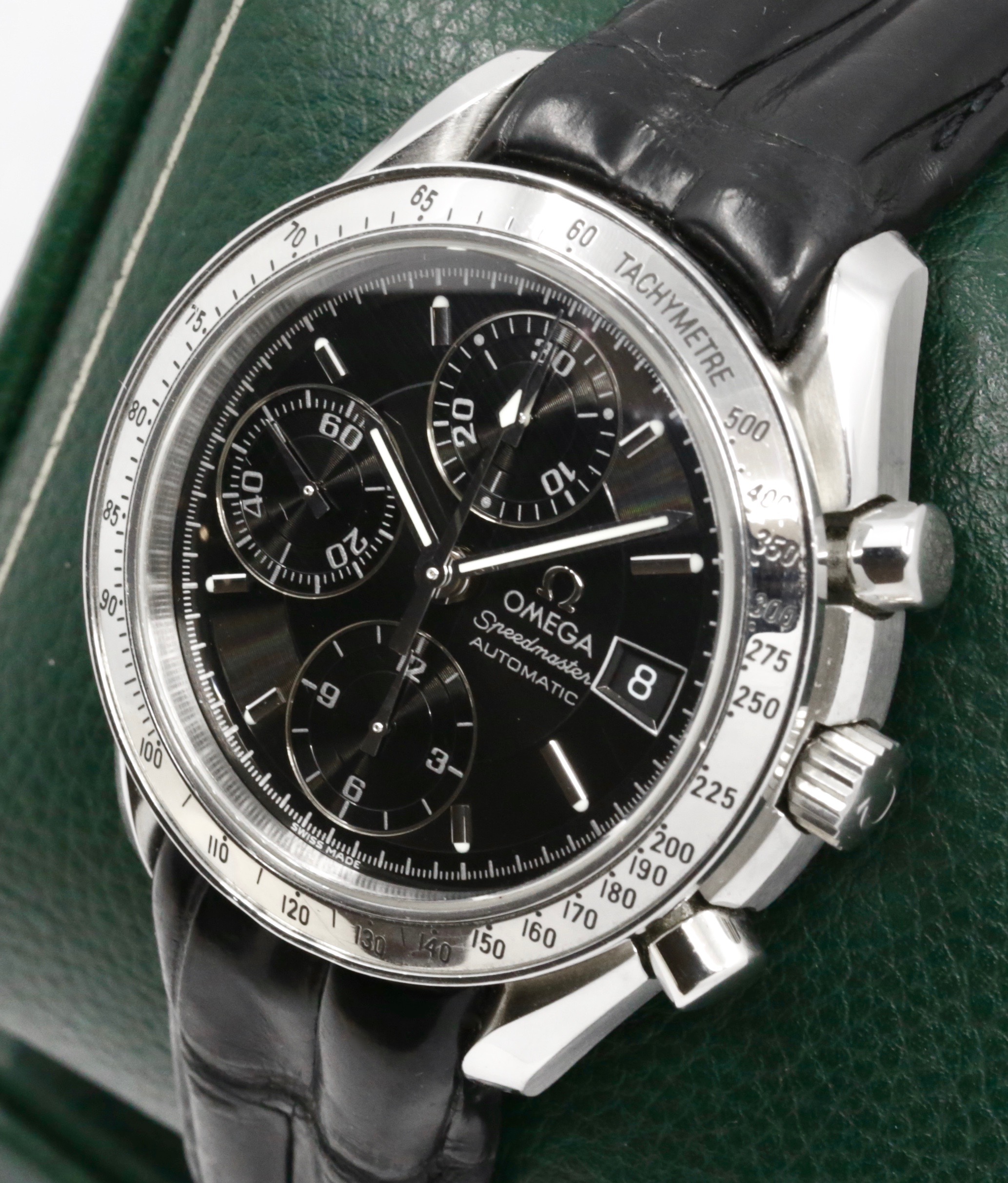 Omega Speedmaster Automatic with Date, Stainless Steel, Black Index & Black Sub Dials, on Black Omega Alligator Leather Strap with Stainless Steel Omega Deployant, Ref. 38135000, Circa: 1999, with Omega Booklets & Omega Warranty Card - $2,800 - Image 3