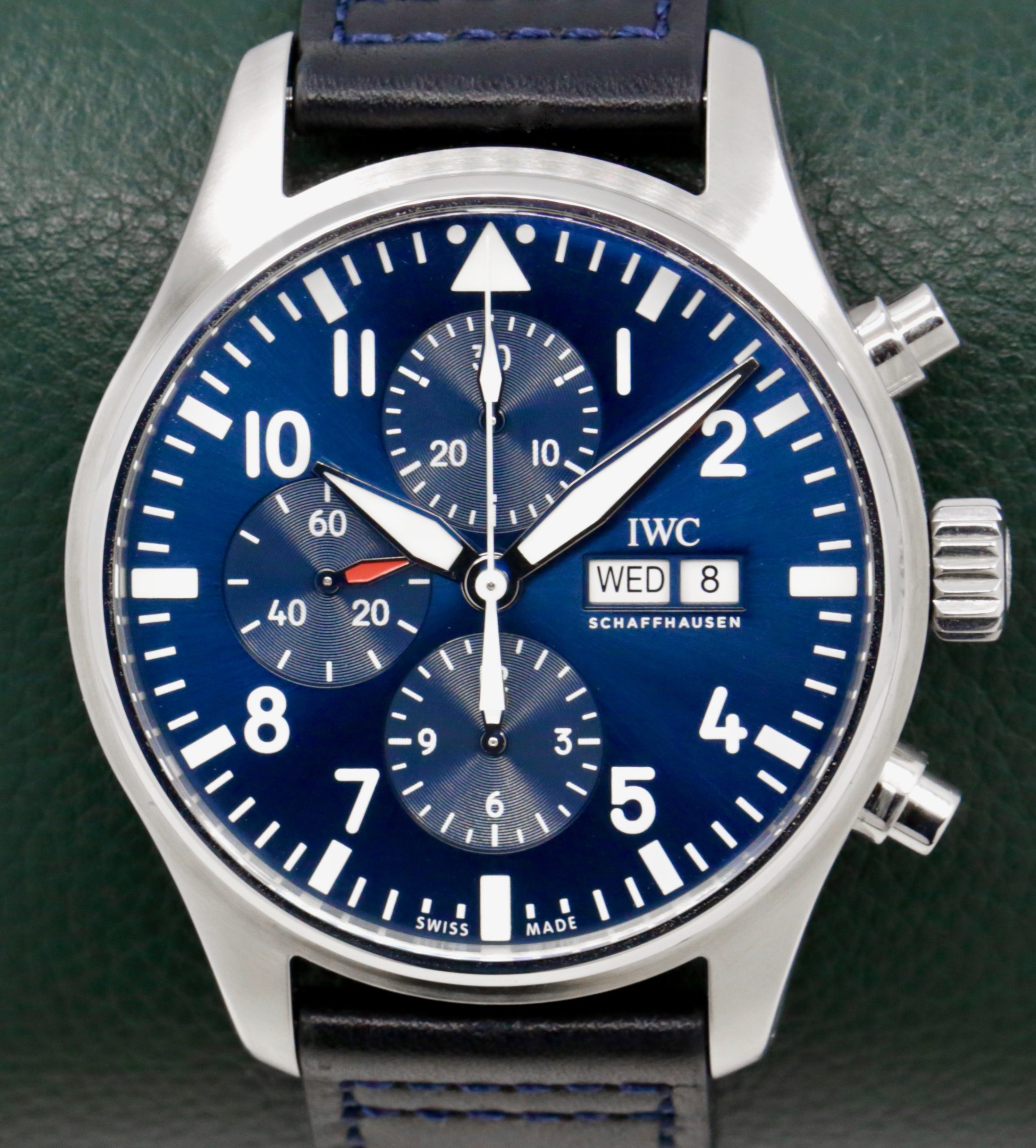 IWC Le Petit Prince Pilots Chronograph Day & Date in Stainless Steel, Blue Arab Dial, on a IWC Leather Strap, Ref: IW377714, with Box, Book and IWC Warranty Card Ca. 2016 - $5,990