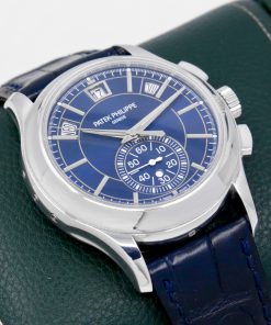Alternative view of Patek Philippe Flyback Chronograph Annual Calendar, in Platinum, Blue Index Dial, on Navy Blue Patek Philippe Alligator Strap with Platinum Patek Tang Buckle, Ref. 5905-001, Circa: 2019, with Box, Books, & Patek Philippe Certificate