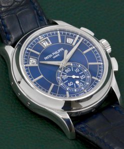 Patek Philippe Flyback Chronograph Annual Calendar, in Platinum, Blue Index Dial, on Navy Blue Patek Philippe Alligator Strap with Platinum Patek Tang Buckle, Ref. 5905-001, Circa: 2019, with Box, Books, & Patek Philippe Certificate