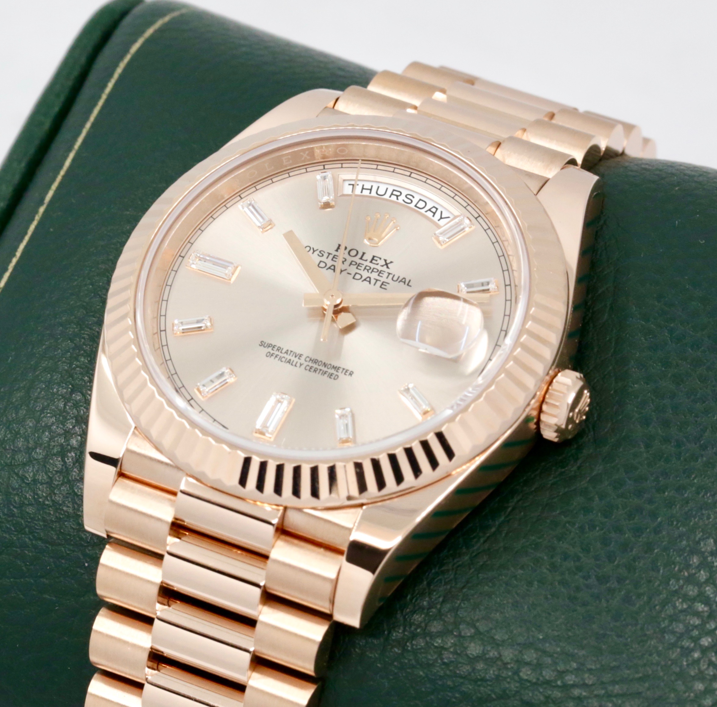 Rolex Day-Date 40, in 18ct Everose Gold, with Factory Set Sundust Baguette Diamond Dial, on 18ct Everose Gold Rolex President Bracelet, Ref. 228235, Circa: 2019, with Box, Books, Rolex Warranty Card, Rolex Service Card & Balance of 2 Year Rolex Service Warranty - Image 4