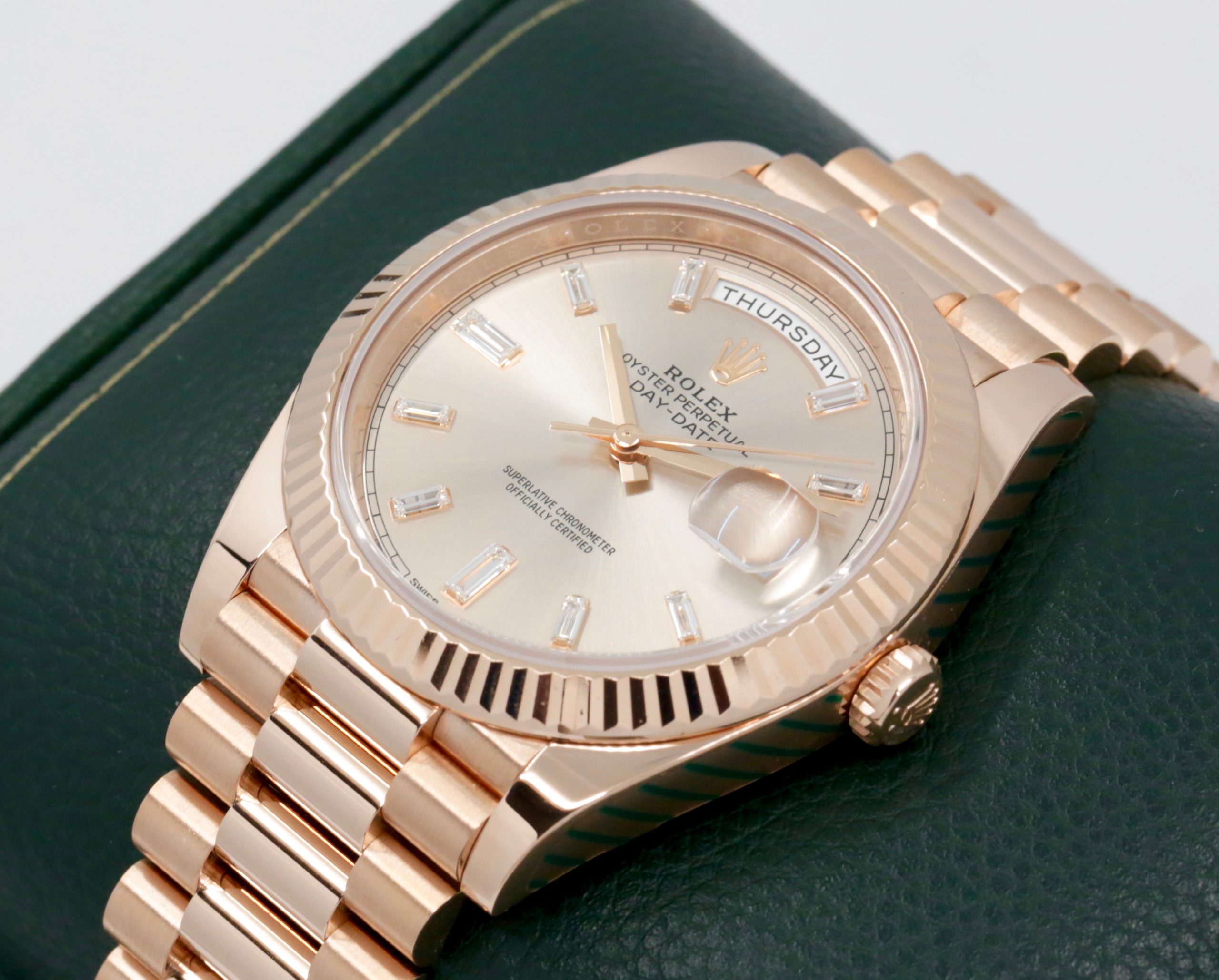 Rolex Day-Date 40, in 18ct Everose Gold, with Factory Set Sundust Baguette Diamond Dial, on 18ct Everose Gold Rolex President Bracelet, Ref. 228235, Circa: 2019, with Box, Books, Rolex Warranty Card, Rolex Service Card & Balance of 2 Year Rolex Service Warranty - Image 2