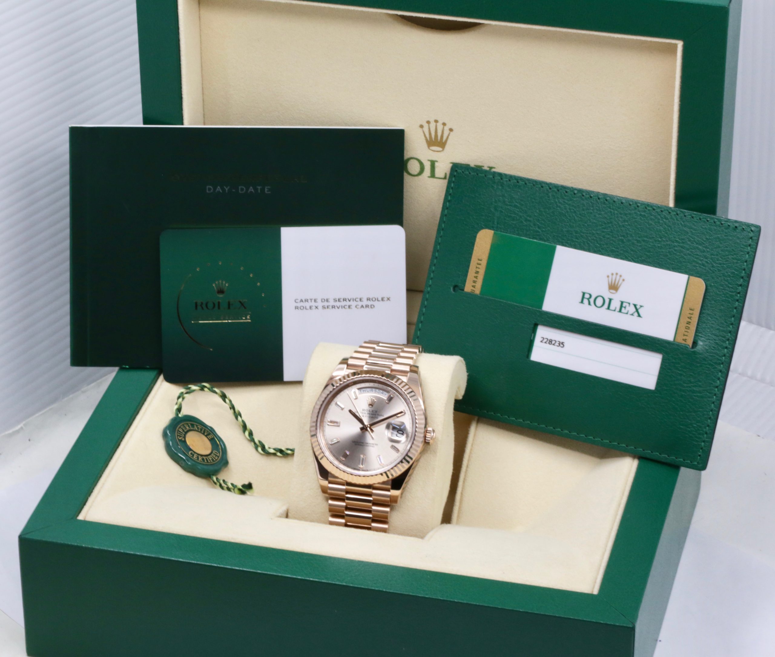 Rolex Day-Date 40, in 18ct Everose Gold, with Factory Set Sundust Baguette Diamond Dial, on 18ct Everose Gold Rolex President Bracelet, Ref. 228235, Circa: 2019, with Box, Books, Rolex Warranty Card, Rolex Service Card & Balance of 2 Year Rolex Service Warranty - Image 8