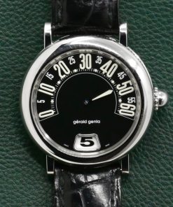 Gerald Genta Retro Classic Jumphour, Stainless Steel, Black Arab Dial on Black Leather Strap with a Stainless Steel G.G Tang Buckle, Ref. G.3634, Watch Only - ON SALE!! $6,000