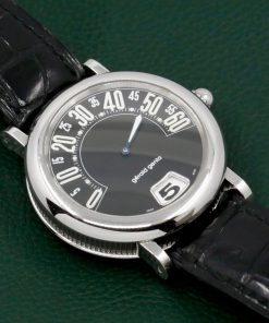 Alternative view of Gerald Genta Retro Classic Jumphour, Stainless Steel, Black Arab Dial on Black Leather Strap with a Stainless Steel G.G Tang Buckle, Ref. G.3634, Watch Only - ON SALE!! $6,000