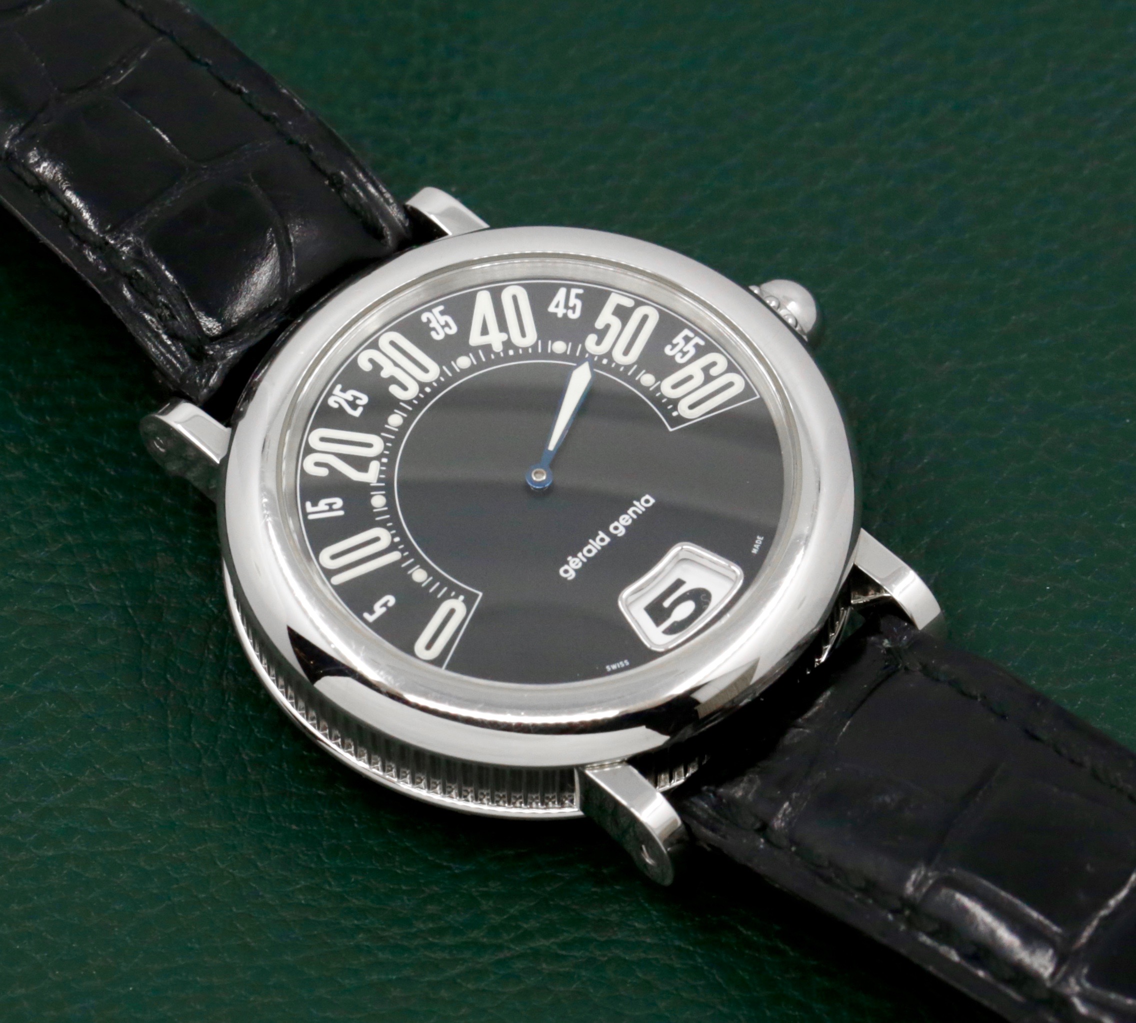 Gerald Genta Retro Classic Jumphour, Stainless Steel, Black Arab Dial on Black Leather Strap with a Stainless Steel G.G Tang Buckle, Ref. G.3634, Watch Only - ON SALE!! $6,000 - Image 2