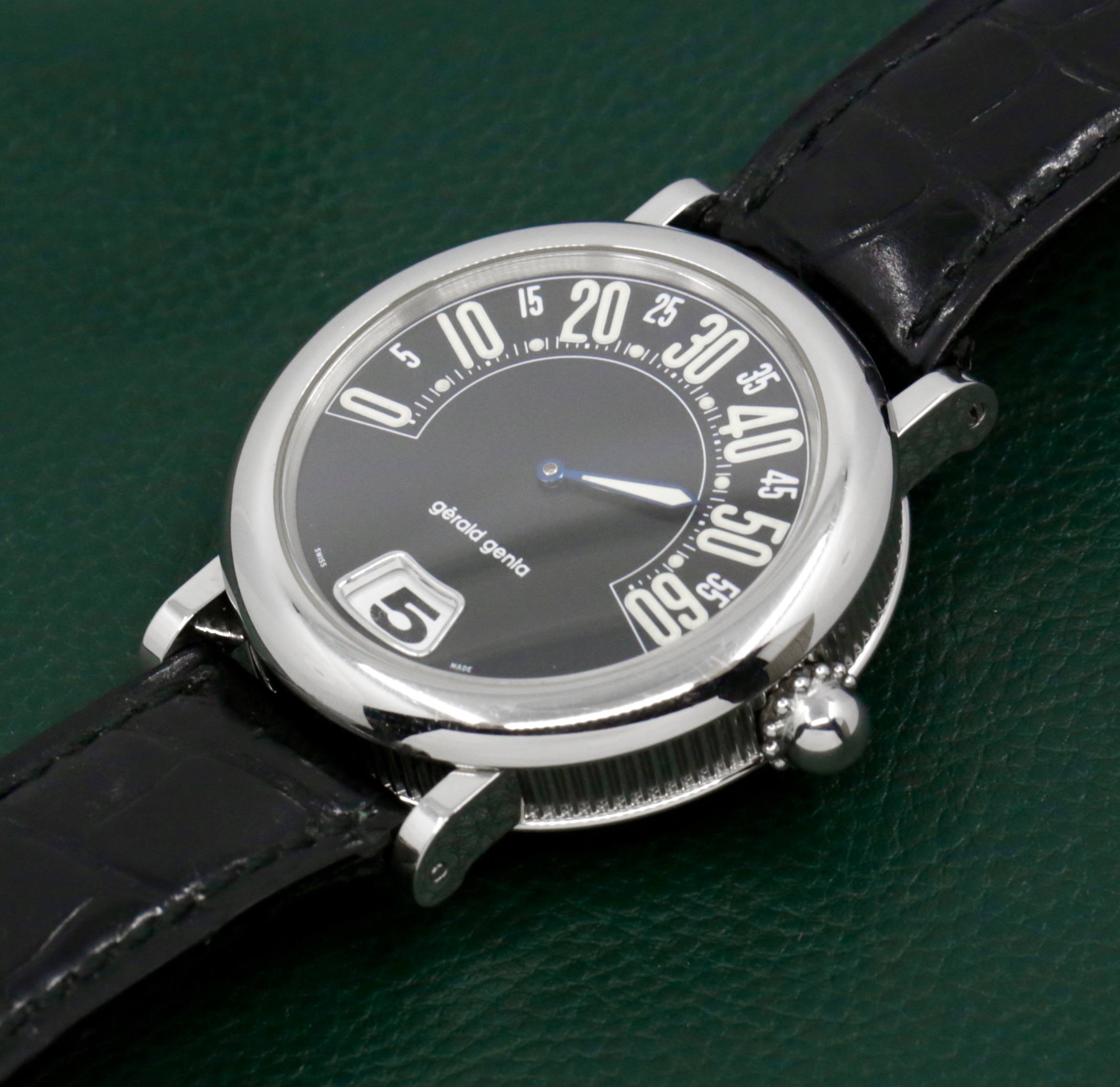 Gerald Genta Retro Classic Jumphour, Stainless Steel, Black Arab Dial on Black Leather Strap with a Stainless Steel G.G Tang Buckle, Ref. G.3634, Watch Only - ON SALE!! $6,000 - Image 3