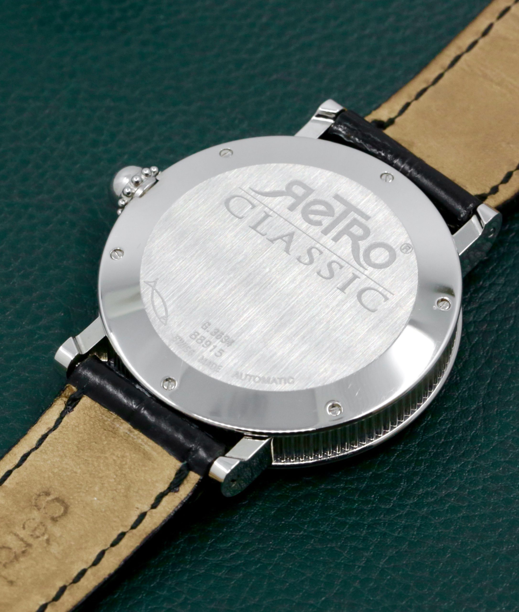 Gerald Genta Retro Classic Jumphour, Stainless Steel, Black Arab Dial on Black Leather Strap with a Stainless Steel G.G Tang Buckle, Ref. G.3634, Watch Only - ON SALE!! $6,000 - Image 6
