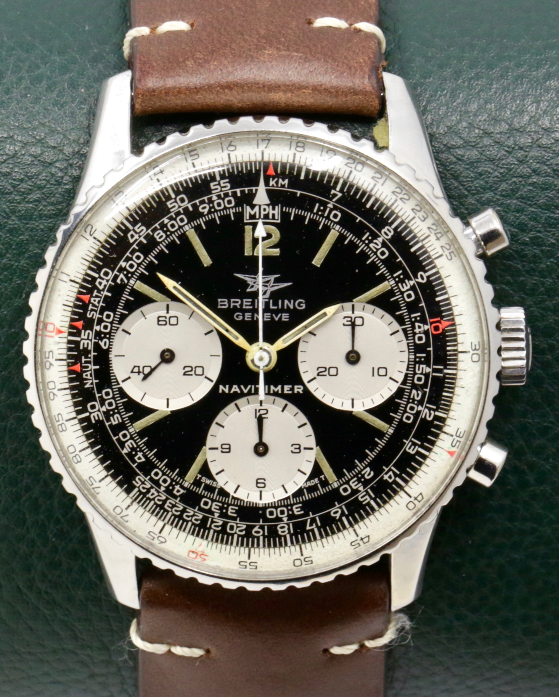 Breitling Navitimer chronograph, Ref: 806 in Stainless Steel, Black Dial with White Sub Dials, on Brown Breitling Leather Strap with Stainless Steel Breitling Tang Buckle, Ca. 1966.