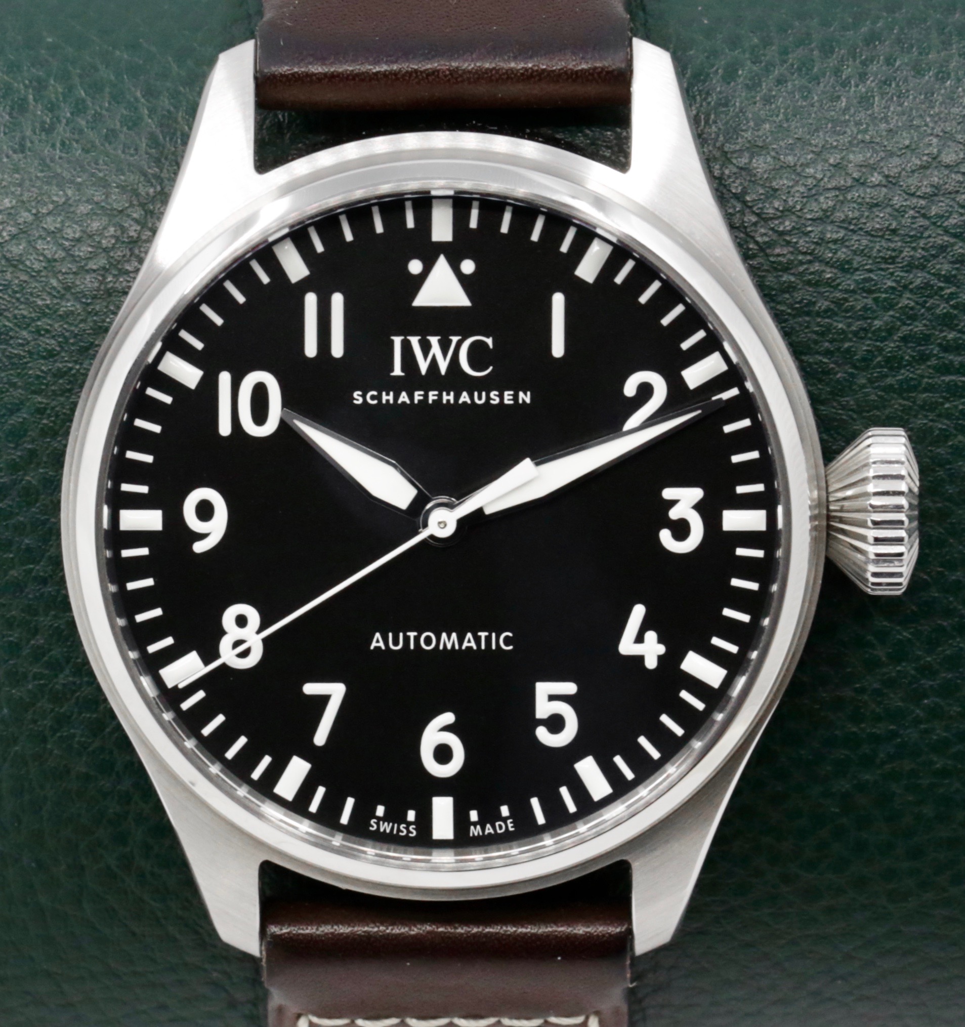 IWC Big Pilot 43, Stainless Steel, Black Arab Dial, on Brown IWC Leather Strap with Stainless Steel IWC Tang Buckle, Ref. IW329301, Circa: 2022, with Box, Books, IWC Warranty Card & Balance of 8 Year Extended IWC Factory Warranty Card