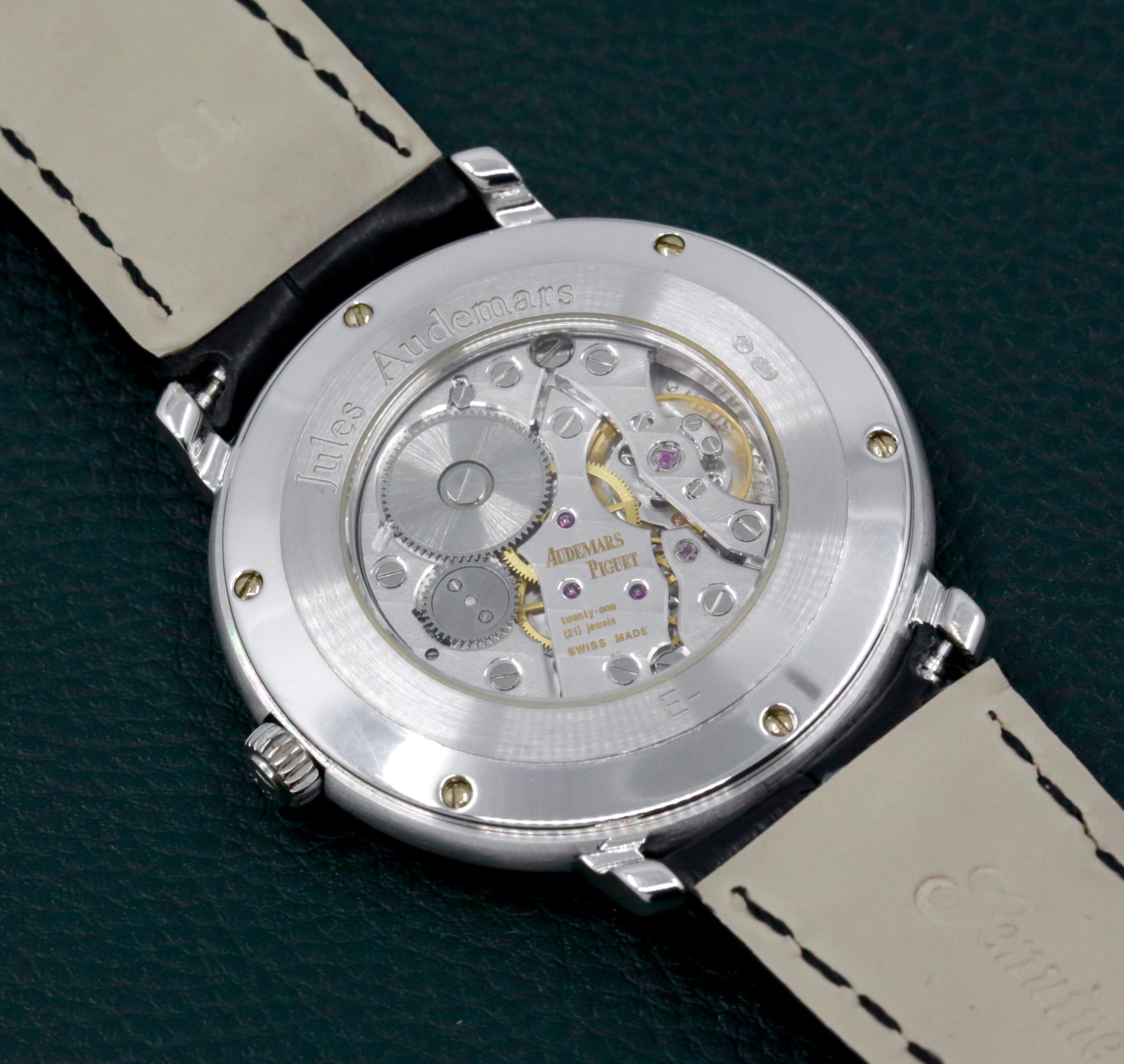 Audemars Piguet Jules Audemars in 18ct white gold, silver dial with applied white gold Roman numerals, fitted on black alligator strap with 18ct white gold pin buckle. Ref: 15056BC Circa 2002. - Image 5