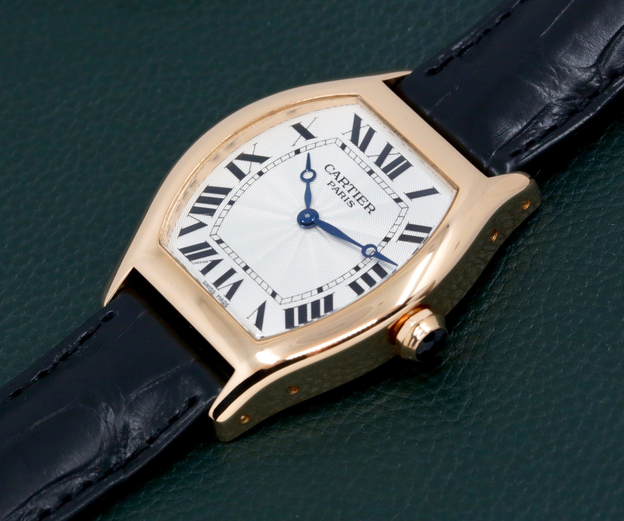 Cartier Tortue CPCP "Collection Prive", in 18ct Rose Gold, Silver Guilloche Roman Dial, on Black Cartier Alligator Strap with 18ct Rose Gold Cartier Deployant, Ref. 2498E, Circa: 2003, with Box & Books - Image 2