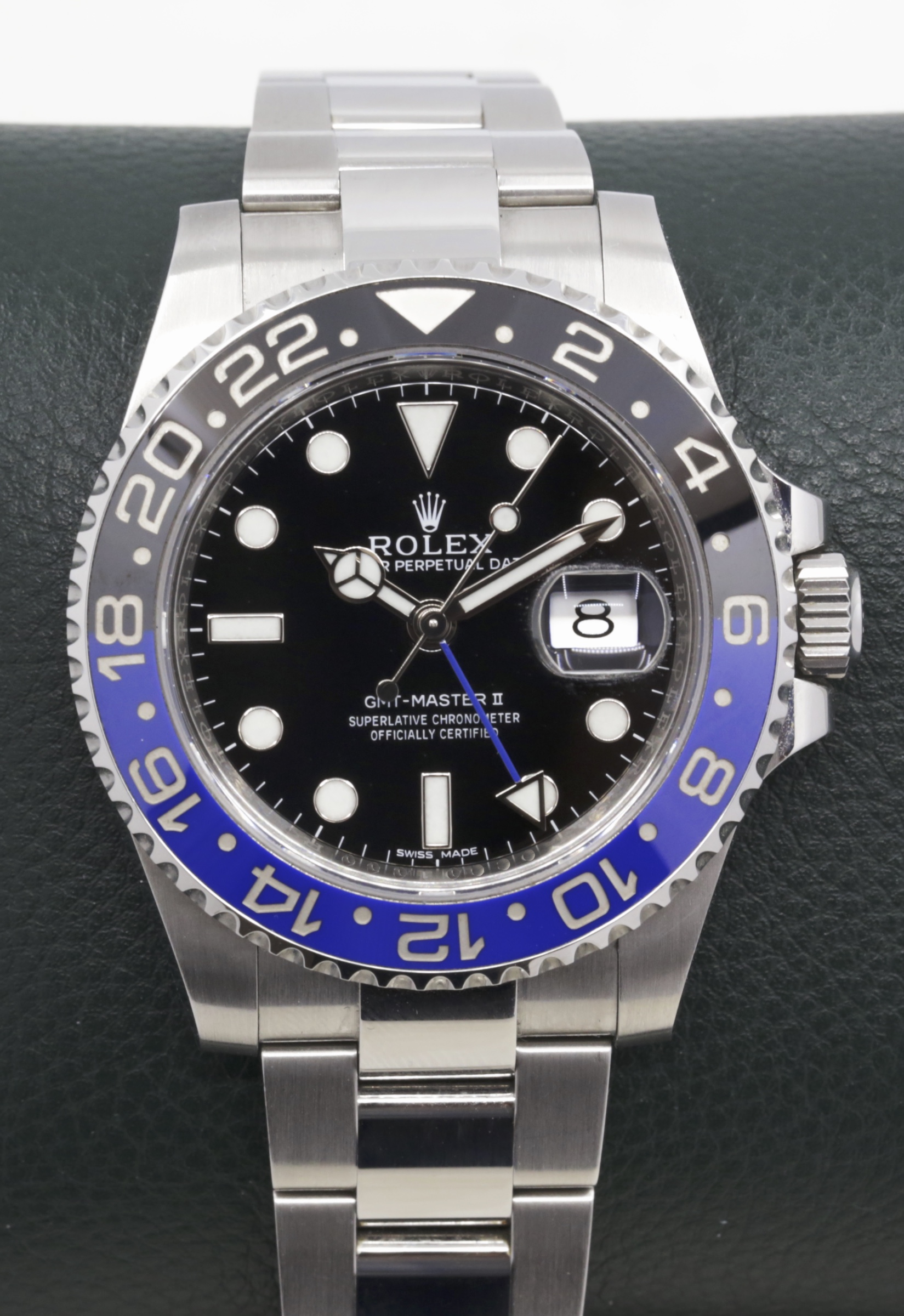 Rolex Oyster Perpetual GMT Master II, in Stainless Steel, Black Index Dial, Blue & Black “Batman” Ceramic Bezel, on Rolex Oyster steel Bracelet, Ref. 116710BLNR, Circa: 2014, Complete with Box & Papers