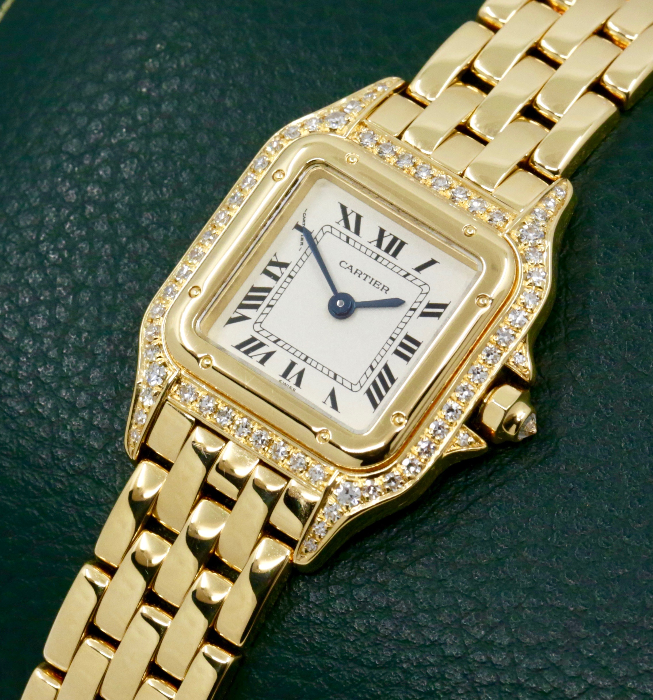 Cartier - Panthere de Cartier, in 18ct Yellow Gold, Silver Roman Dial, Factory Set Diamond Bezel & Lugs, on 18ct Yellow Gold Cartier Bracelet, Ref. 12802, Circa: February 1995, with Box, Book, Cartier Warranty Certificate, & Balance of 2 Year Cartier Service Warranty - Image 3