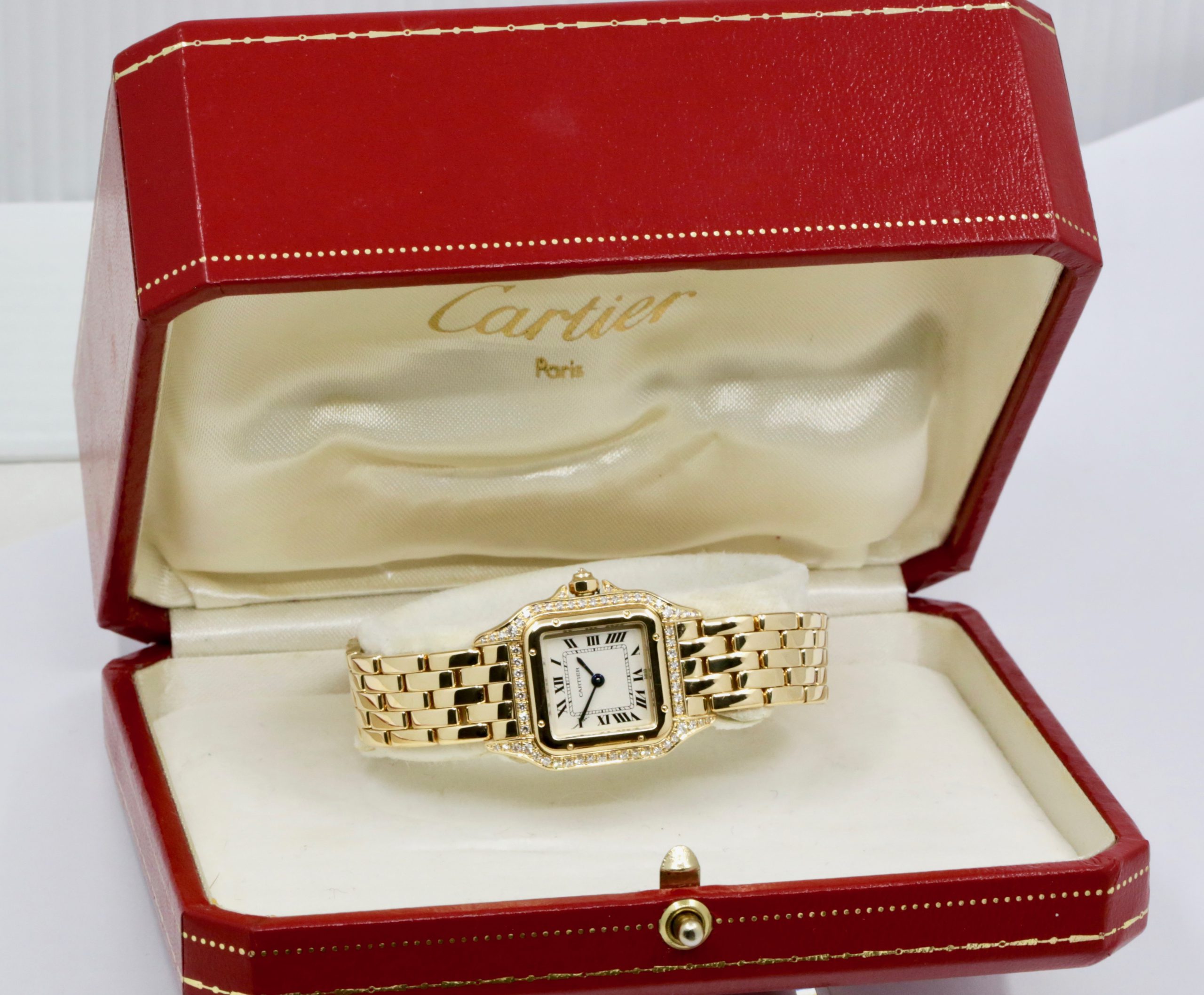 Cartier - Panthere de Cartier, in 18ct Yellow Gold, Silver Roman Dial, Factory Set Diamond Bezel & Lugs, on 18ct Yellow Gold Cartier Bracelet, Ref. 12802, Circa: February 1995, with Box, Book, Cartier Warranty Certificate, & Balance of 2 Year Cartier Service Warranty - Image 8