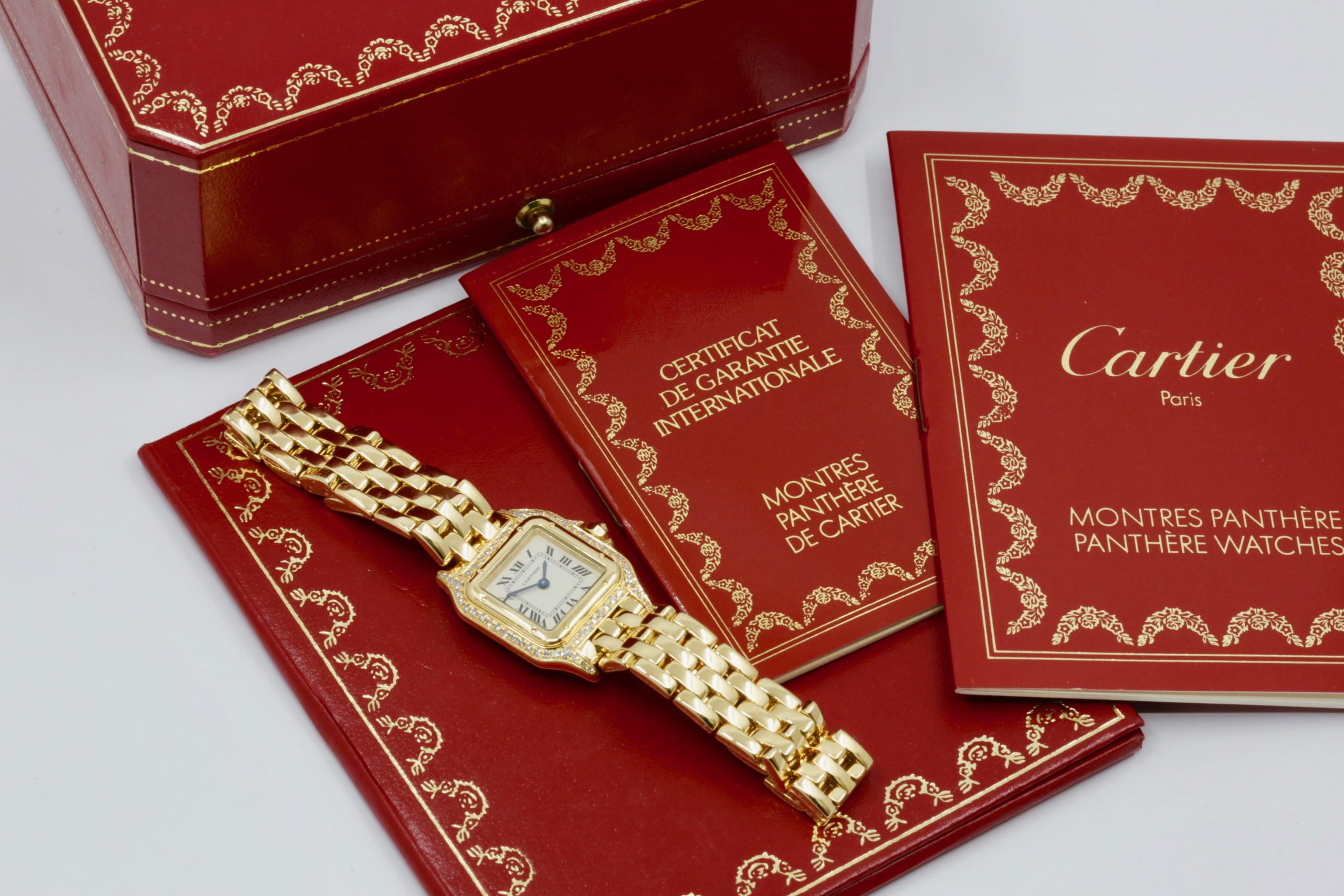 Cartier - Panthere de Cartier, in 18ct Yellow Gold, Silver Roman Dial, Factory Set Diamond Bezel & Lugs, on 18ct Yellow Gold Cartier Bracelet, Ref. 12802, Circa: February 1995, with Box, Book, Cartier Warranty Certificate, & Balance of 2 Year Cartier Service Warranty - Image 7