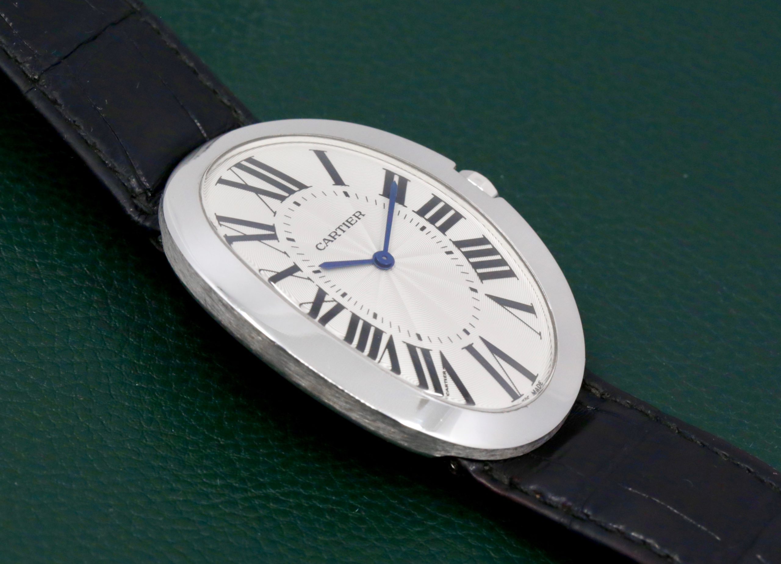Cartier Baignoire, oversized in 18ct White Gold, Silver Roman Dial, on Black Alligator Cartier Strap with 18ct White Gold Cartier Tang Buckle, Ref. 3032. Circa 2016 $12800
