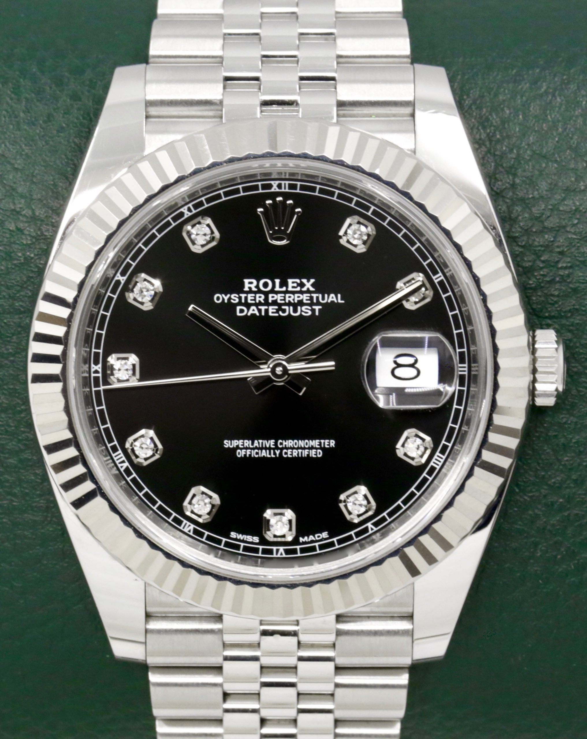 Rolex Datejust 41, Stainless Steel, Factory Set Black Diamond Dial, 18ct White Gold Fluted Bezel, on Stainless Steel Rolex Jubilee Bracelet, Ref. 126334, Circa: 2018, with Box, Books, & Rolex Warranty Card