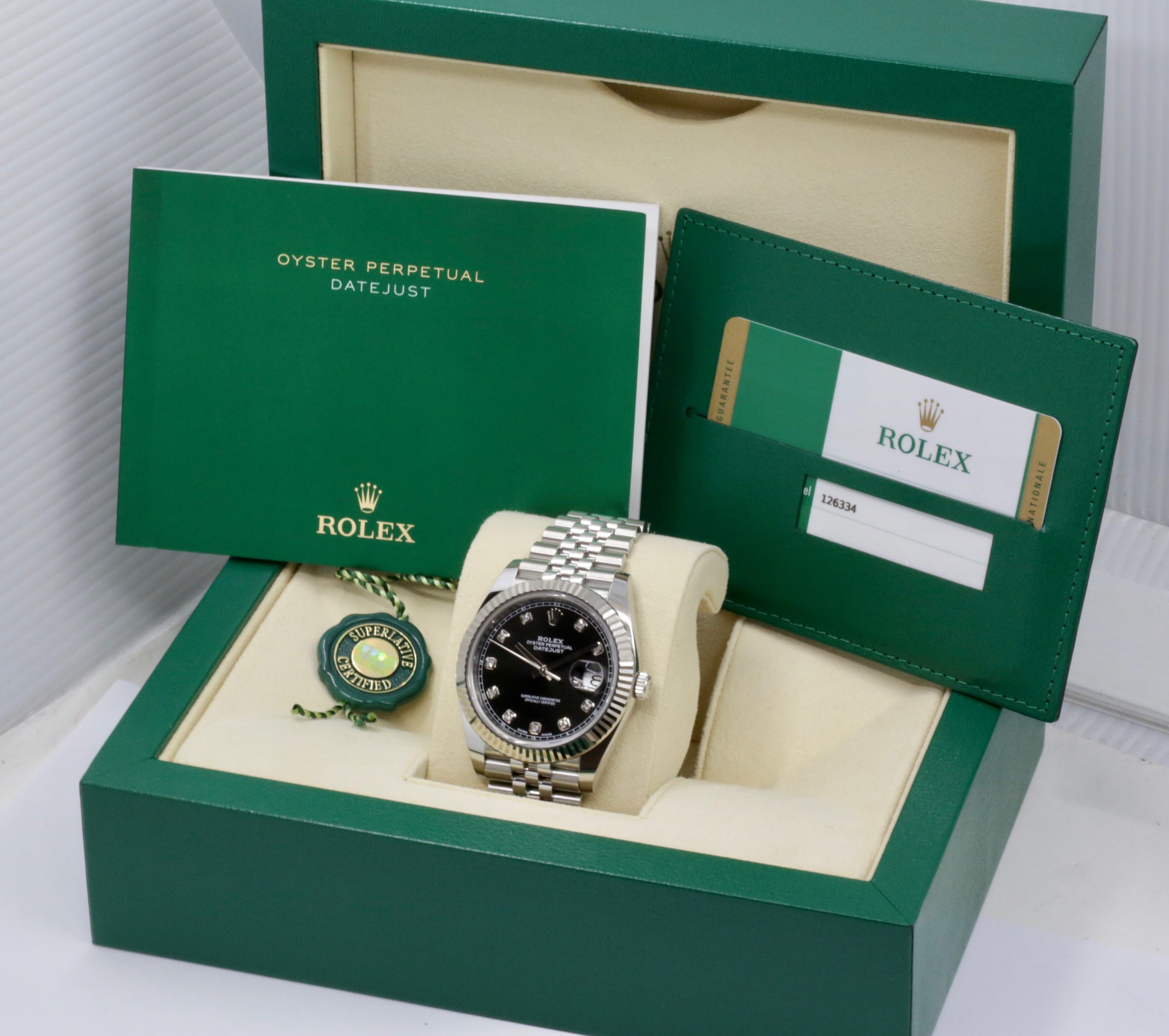 Rolex Datejust 41, Stainless Steel, Factory Set Black Diamond Dial, 18ct White Gold Fluted Bezel, on Stainless Steel Rolex Jubilee Bracelet, Ref. 126334, Circa: 2018, with Box, Books, & Rolex Warranty Card - Image 7