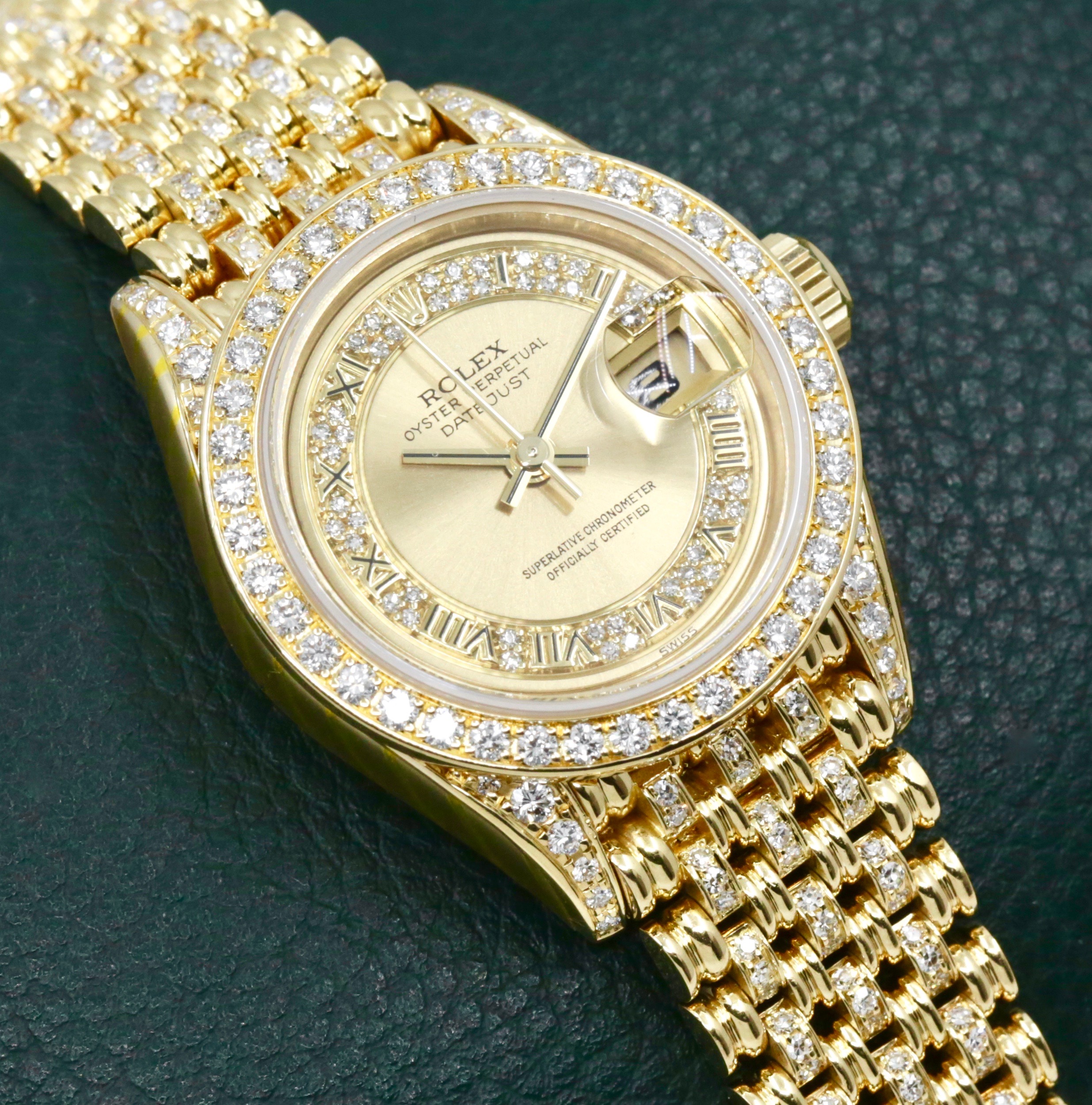 Rolex Lady-Datejust 26, in 18ct Yellow Gold, Factory Set Diamond Dial, and Diamond Bezel & Lugs on 18ct Yellow Gold Diamond Set Rolex Jubilee Bracelet, Ref. 69158, Serial# N series, Circa: 1991, with Box, Service Card & Balance of 2 Year Rolex Service Warranty
