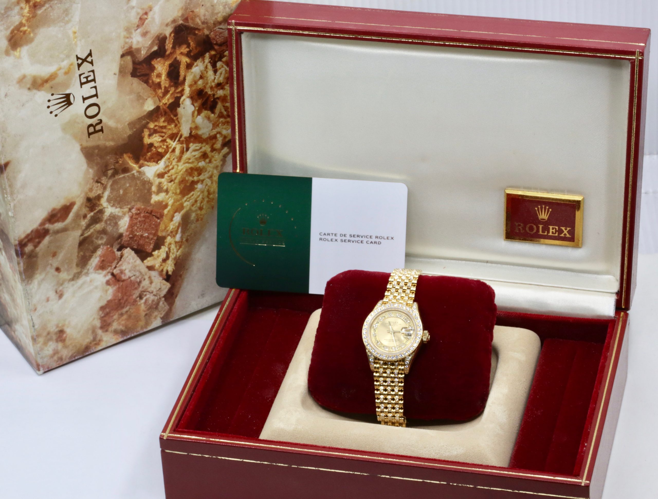 Rolex Lady-Datejust 26, in 18ct Yellow Gold, Factory Set Diamond Dial, and Diamond Bezel & Lugs on 18ct Yellow Gold Diamond Set Rolex Jubilee Bracelet, Ref. 69158, Serial# N series, Circa: 1991, with Box, Service Card & Balance of 2 Year Rolex Service Warranty - Image 7